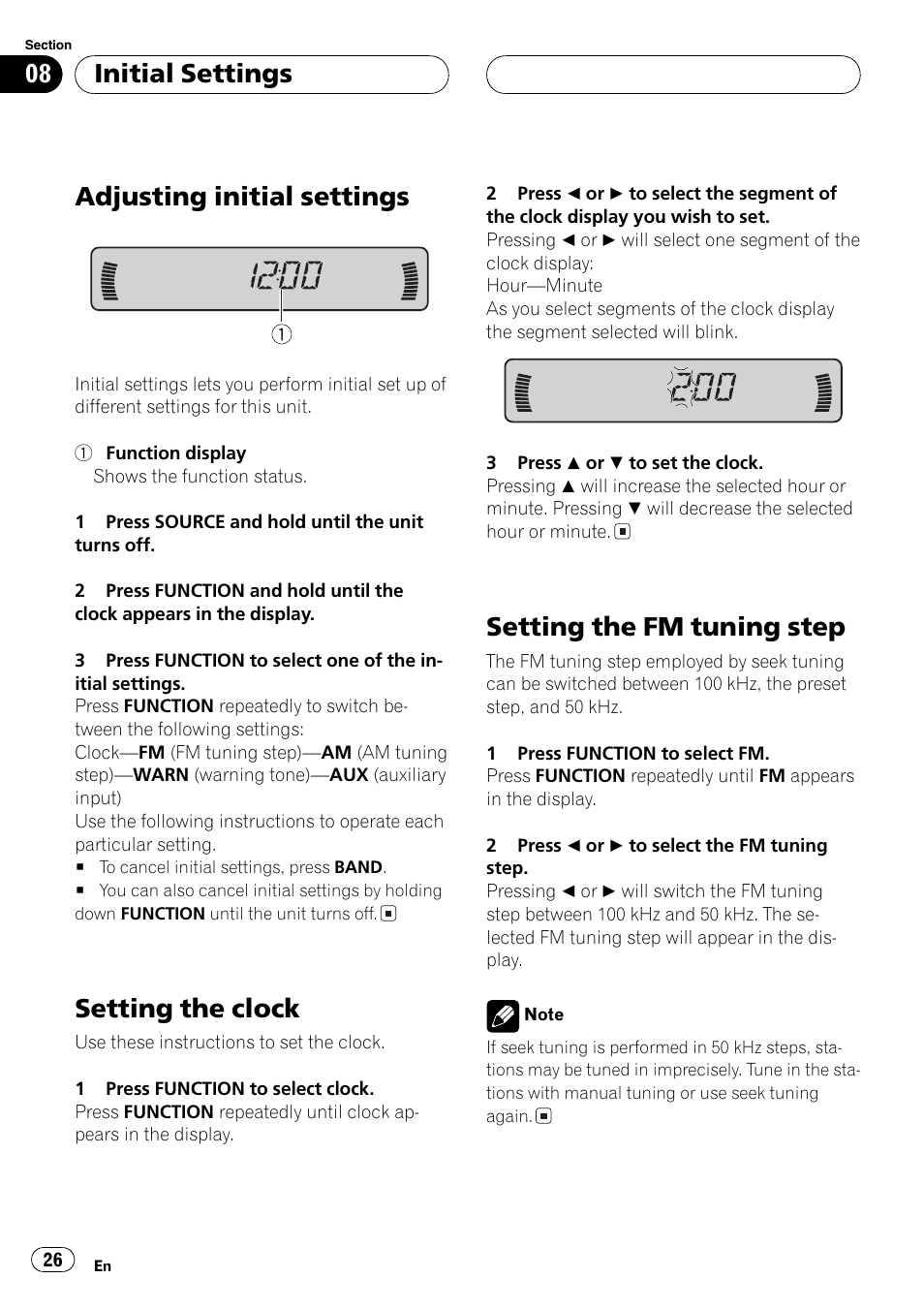 Adjusting initial settings, Setting the clock, Setting the fm tuning step | Initial settings | Pioneer SUPERTUNER III D DEH-P2650 User Manual | Page 26 / 94