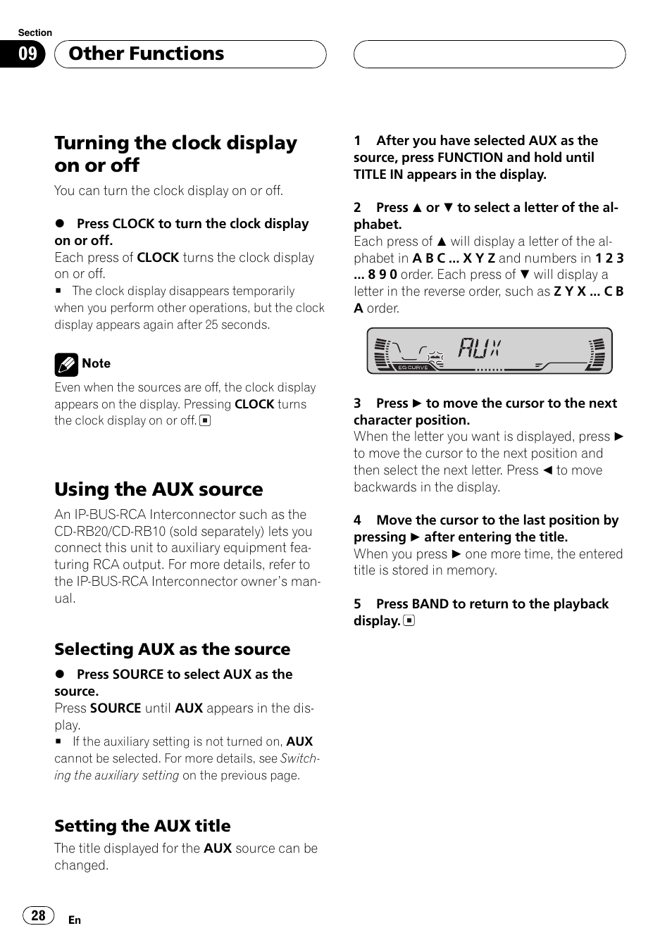 Selecting aux as the source 28, Setting the aux title 28, Turning the clock display on or off | Using the aux source, Other functions | Pioneer SUPERTUNER III D DEH-P2650 User Manual | Page 28 / 94