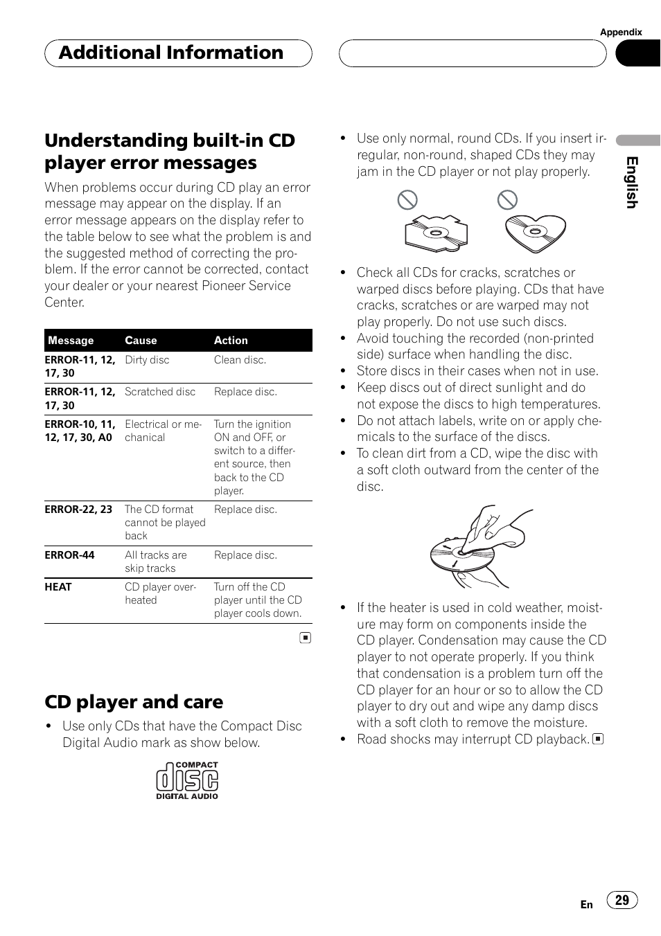 Messages 29, Cd player and care 29, Understanding built-in cd player error messages | Cd player and care, Additional information, English | Pioneer SUPERTUNER III D DEH-P2650 User Manual | Page 29 / 94