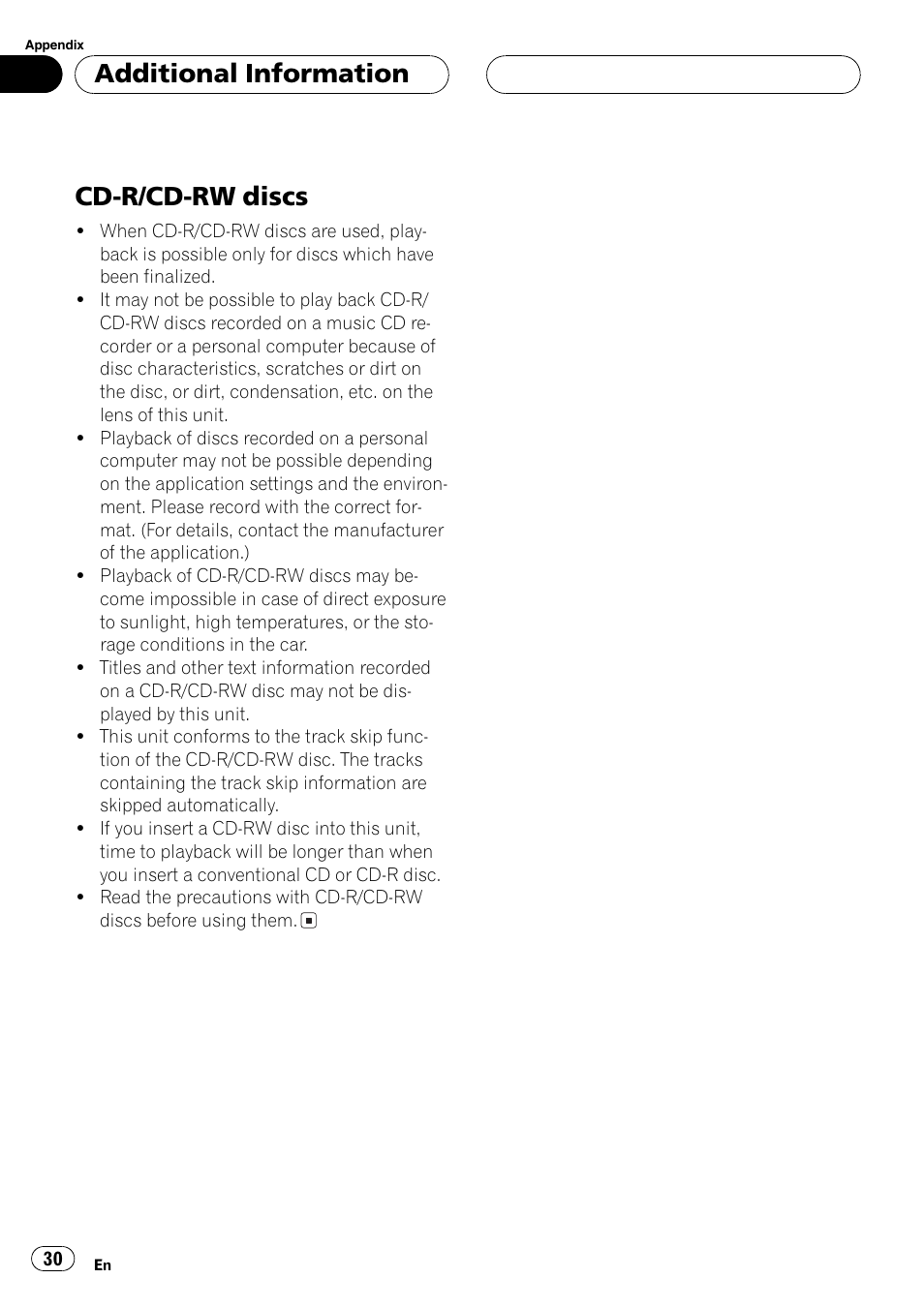 Cd-r/cd-rw discs 30, Cd-r/cd-rw discs, Additional information | Pioneer SUPERTUNER III D DEH-P2650 User Manual | Page 30 / 94