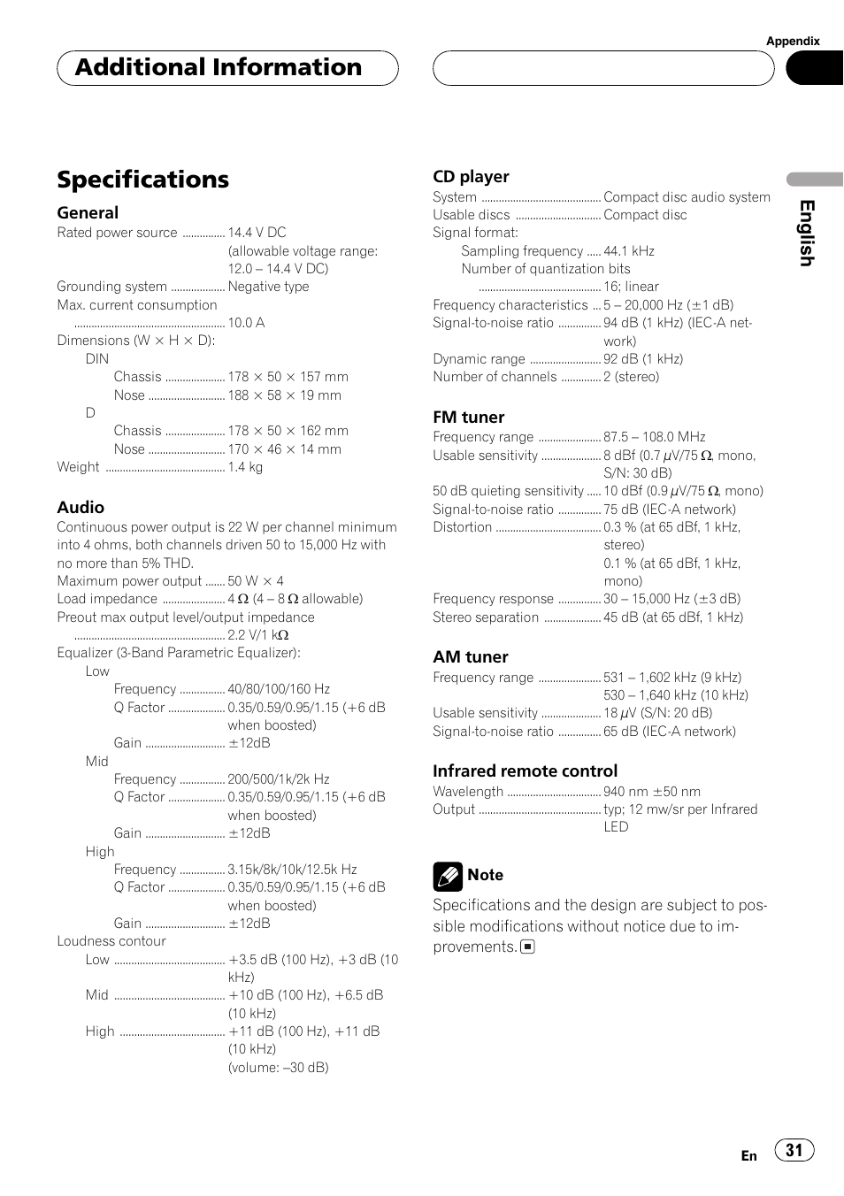 Specifications 31, Specifications, Additional information | English | Pioneer SUPERTUNER III D DEH-P2650 User Manual | Page 31 / 94