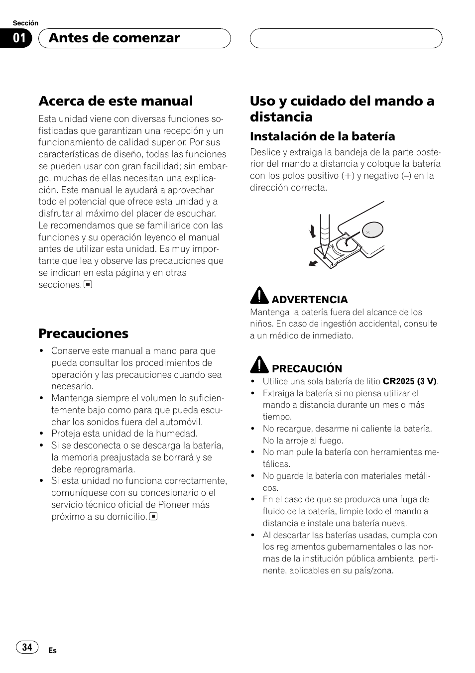 Antes de comenzar acerca de este manual 34, Precauciones 34, Uso y cuidado del mando a distancia 34 | Instalación de la batería 34, Acerca de este manual, Precauciones, Uso y cuidado del mando a distancia, Antes de comenzar, Instalación de la batería | Pioneer SUPERTUNER III D DEH-P2650 User Manual | Page 34 / 94
