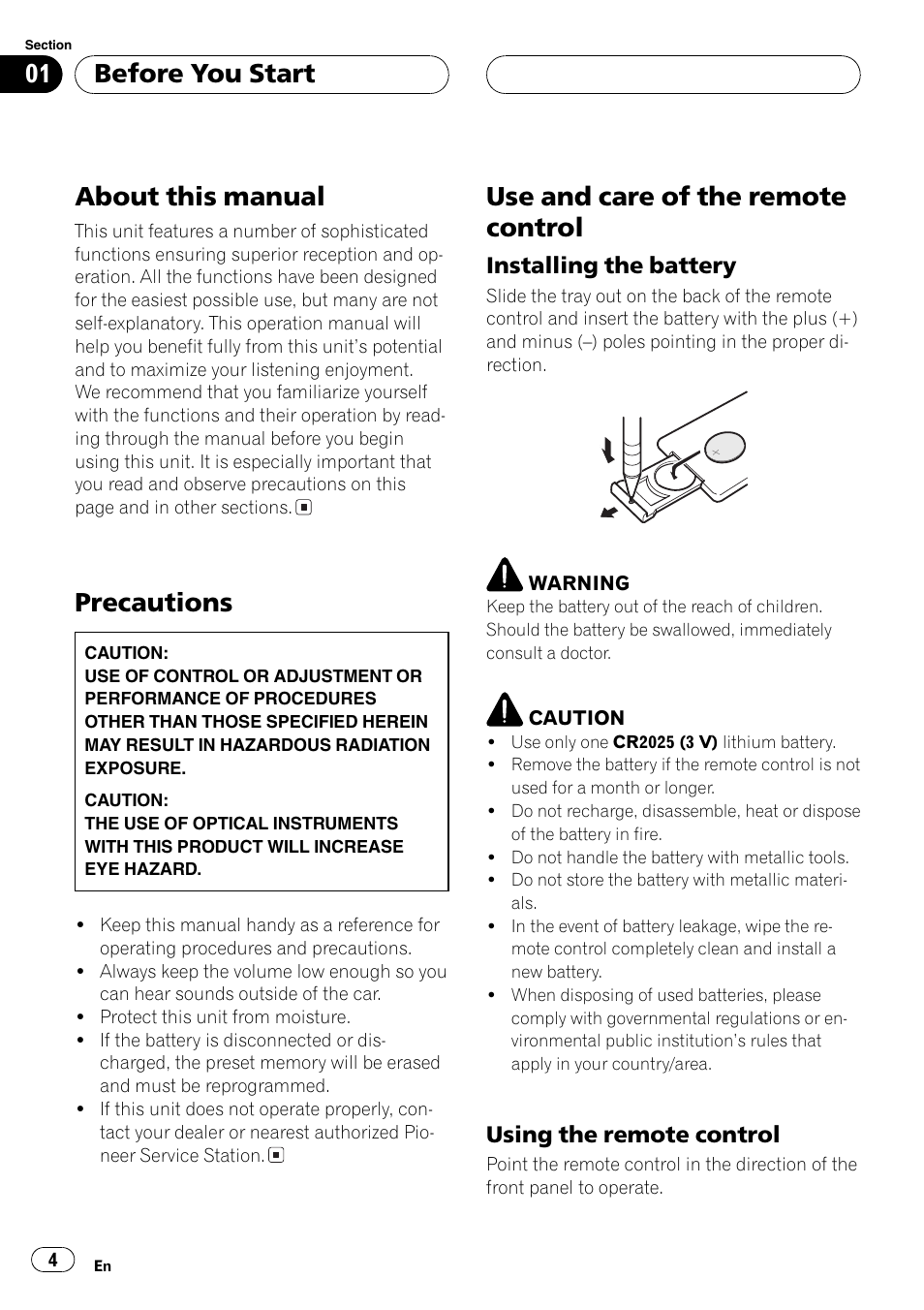 Installing the battery 4, Using the remote control 4, About this manual | Precautions, Use and care of the remote control, Before you start | Pioneer SUPERTUNER III D DEH-P2650 User Manual | Page 4 / 94