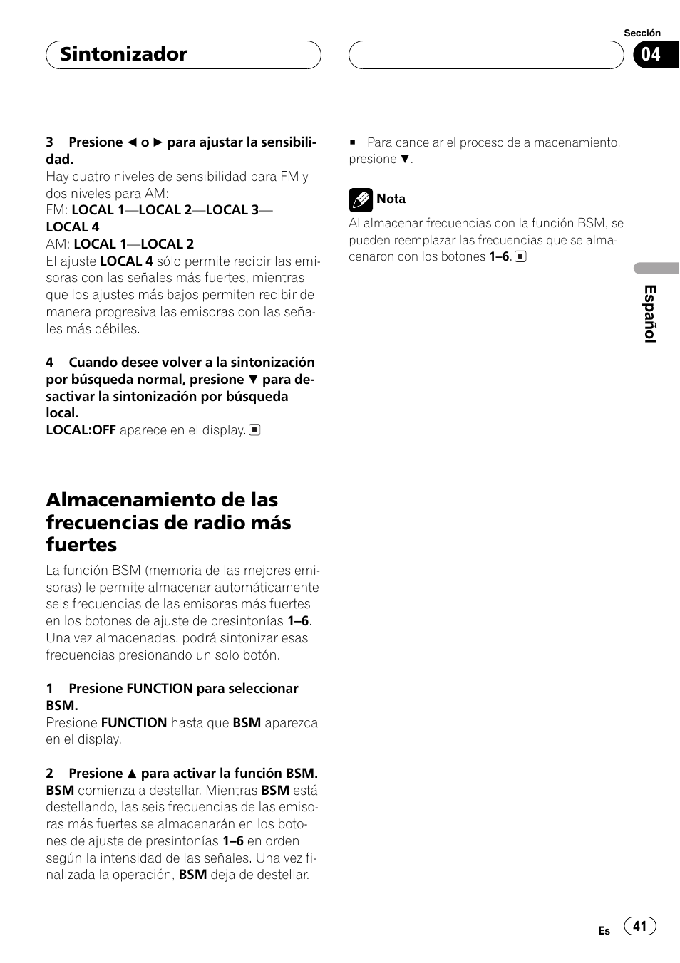 Almacenamiento de las frecuencias de radio, Más fuertes 41, Sintonizador | Pioneer SUPERTUNER III D DEH-P2650 User Manual | Page 41 / 94