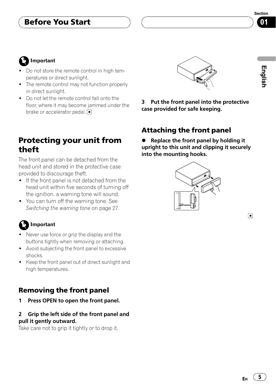 Protecting your unit from theft 5, Removing the front panel 5, Attaching the front panel 5 | Protecting your unit from theft, Before you start, Removing the front panel, Attaching the front panel | Pioneer SUPERTUNER III D DEH-P2650 User Manual | Page 5 / 94