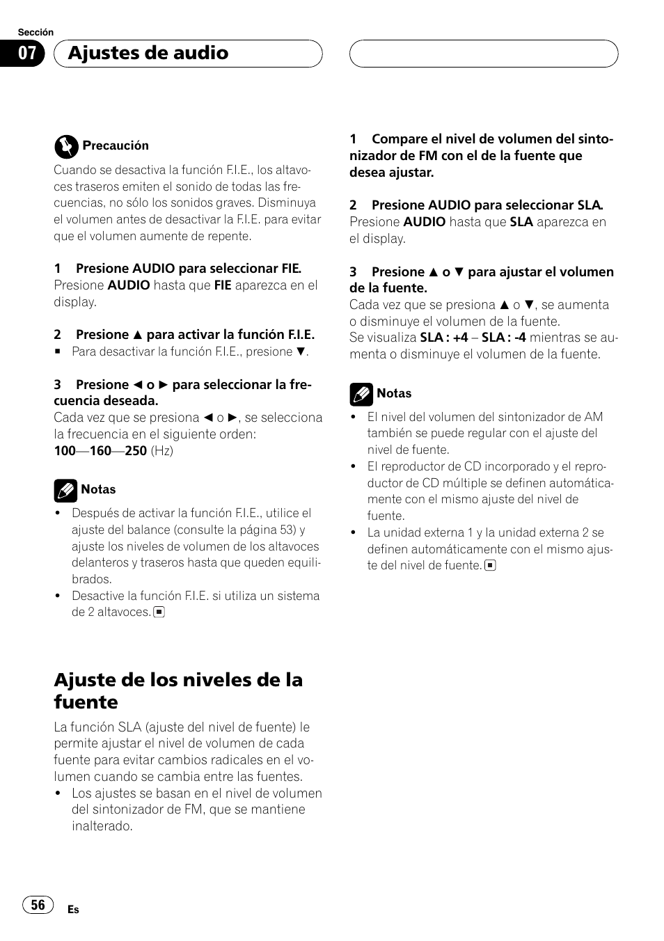Ajuste de los niveles de la fuente 56, Ajuste de los niveles de la fuente, Ajustes de audio | Pioneer SUPERTUNER III D DEH-P2650 User Manual | Page 56 / 94
