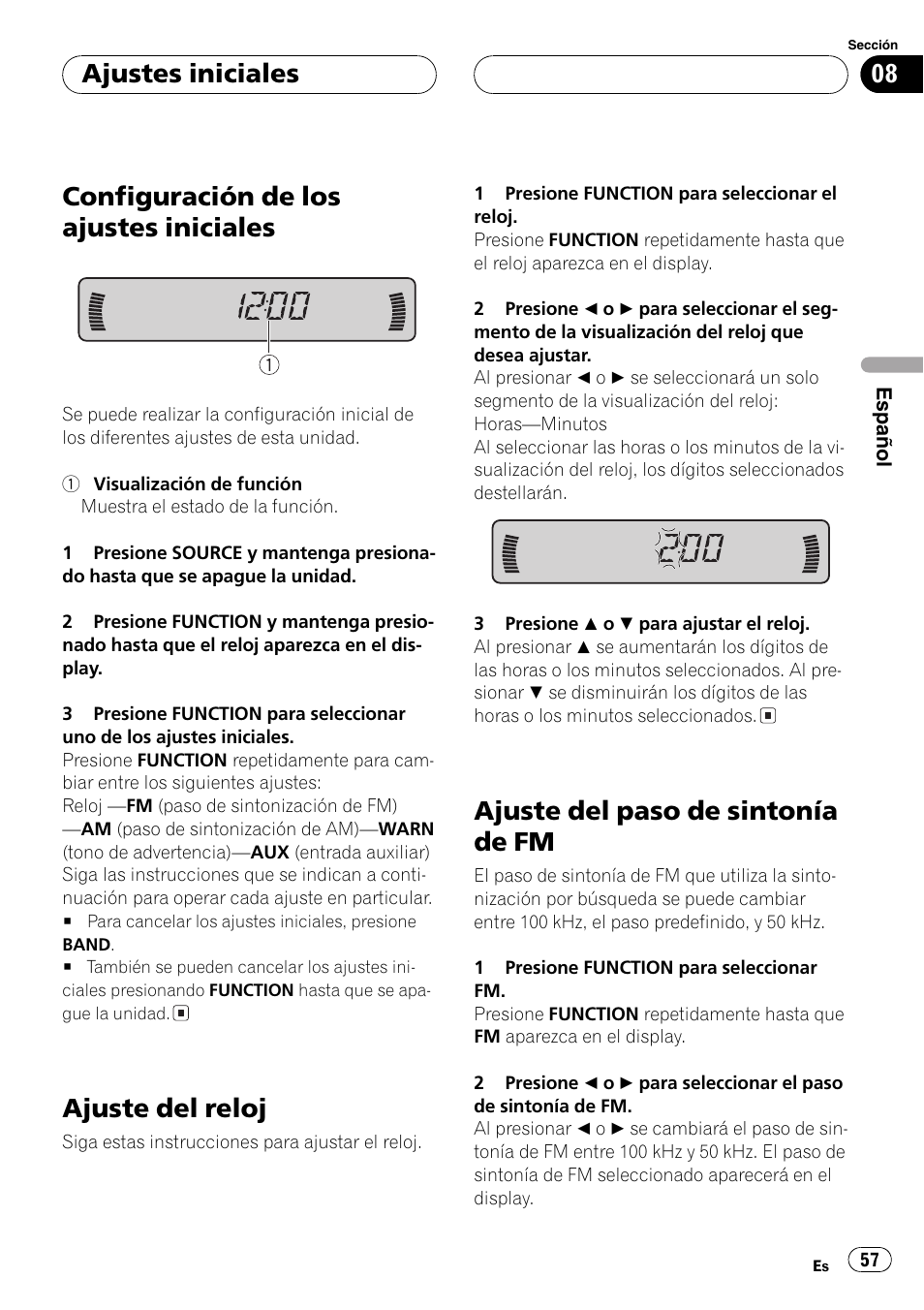 Ajustes iniciales, Configuración de los ajustes iniciales 57, Ajuste del reloj 57 | Ajuste del paso de sintonía de fm 57, Configuración de los ajustes iniciales, Ajuste del reloj, Ajuste del paso de sintonía de fm | Pioneer SUPERTUNER III D DEH-P2650 User Manual | Page 57 / 94