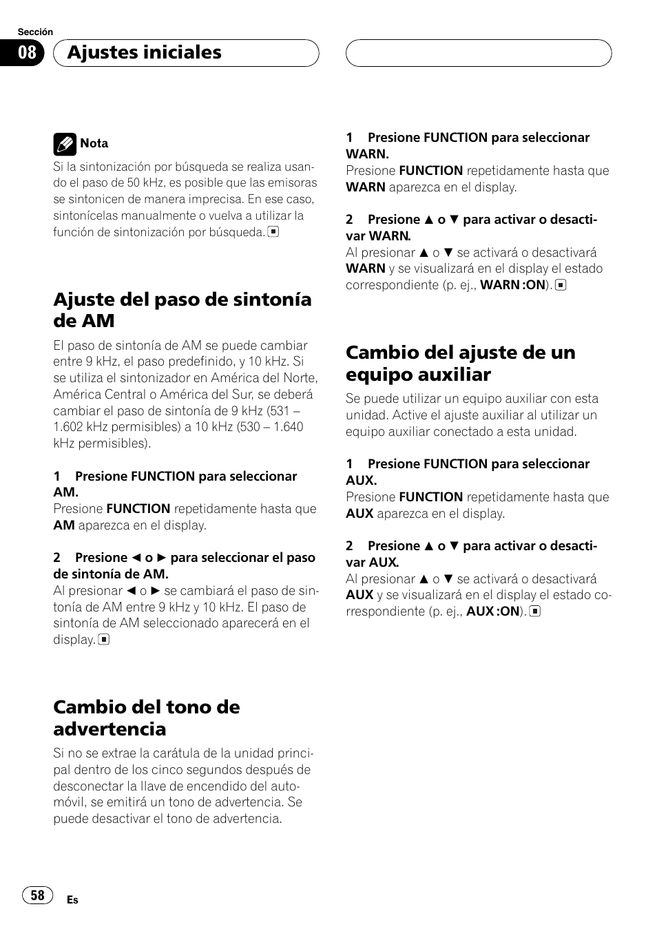 Ajuste del paso de sintonía de am 58, Cambio del tono de advertencia 58, Cambio del ajuste de un equipo auxiliar 58 | Ajuste del paso de sintonía de am, Cambio del tono de advertencia, Cambio del ajuste de un equipo auxiliar, Ajustes iniciales | Pioneer SUPERTUNER III D DEH-P2650 User Manual | Page 58 / 94