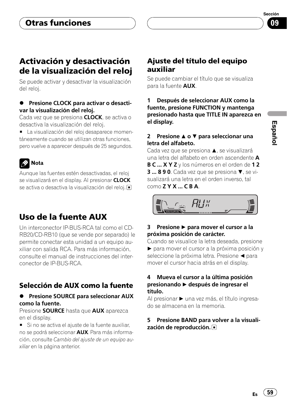 Otras funciones, Activación y desactivación de la visualización, Del reloj 59 | Uso de la fuente aux 59, Selección de aux como la fuente 59, Ajuste del título del equipo, Auxiliar 59, Uso de la fuente aux | Pioneer SUPERTUNER III D DEH-P2650 User Manual | Page 59 / 94