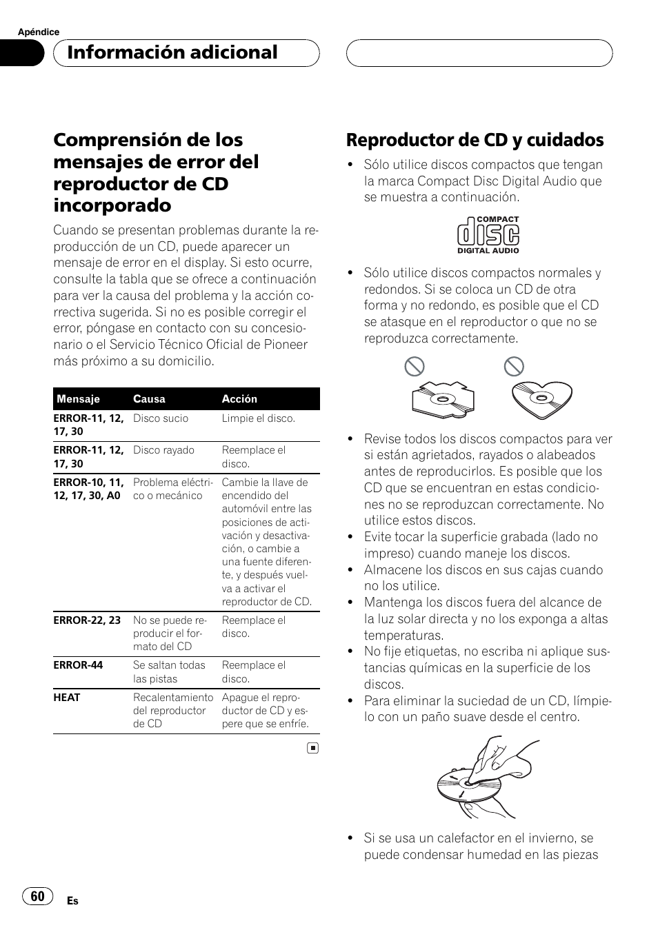 Información adicional, Comprensión de los mensajes de error del, Reproductor de cd incorporado 60 | Reproductor de cd y cuidados 60, Comprensión de los mensajes de error del re, Reproductor de cd y cuidados | Pioneer SUPERTUNER III D DEH-P2650 User Manual | Page 60 / 94