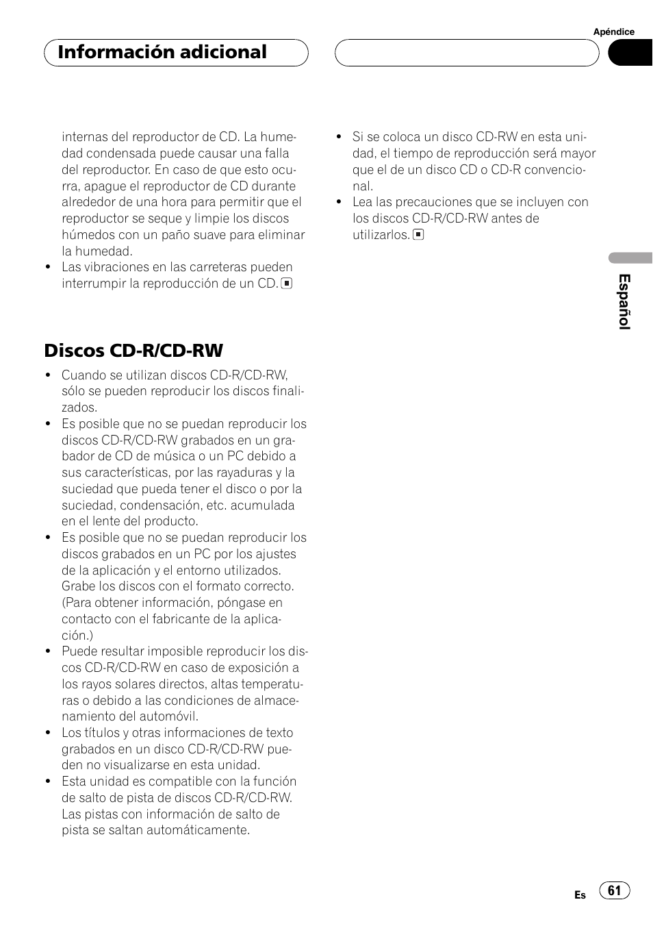 Discos cd-r/cd-rw 61, Discos cd-r/cd-rw, Información adicional | Pioneer SUPERTUNER III D DEH-P2650 User Manual | Page 61 / 94