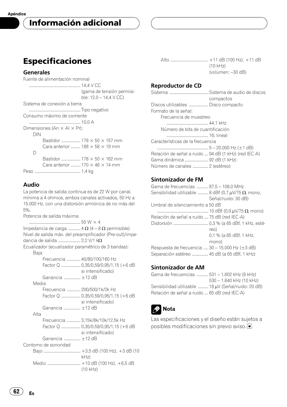 Especificaciones 62, Especificaciones, Información adicional | Pioneer SUPERTUNER III D DEH-P2650 User Manual | Page 62 / 94