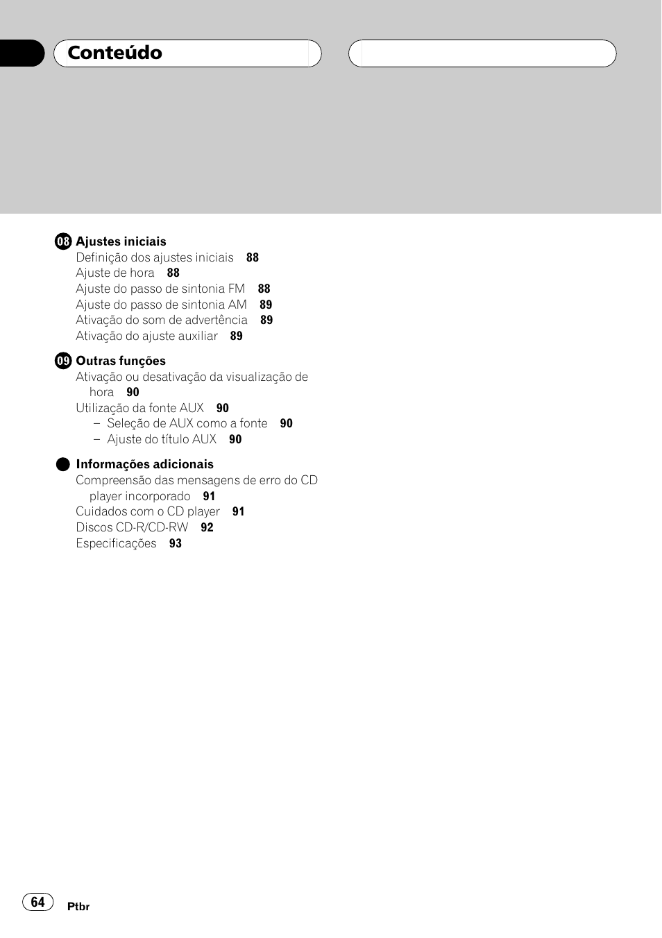 Conteúdo | Pioneer SUPERTUNER III D DEH-P2650 User Manual | Page 64 / 94