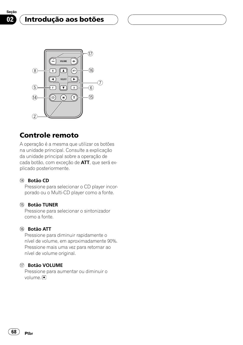 Controle remoto 68, Controle remoto, Introdução aos botões | Pioneer SUPERTUNER III D DEH-P2650 User Manual | Page 68 / 94