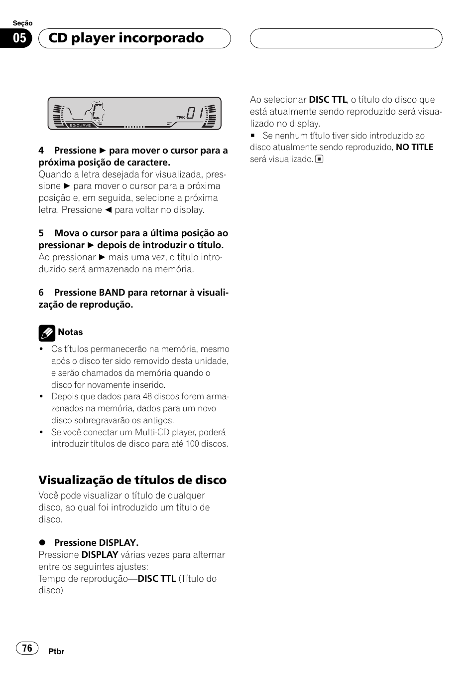 Visualização de títulos de disco 76, Cd player incorporado, Visualização de títulos de disco | Pioneer SUPERTUNER III D DEH-P2650 User Manual | Page 76 / 94