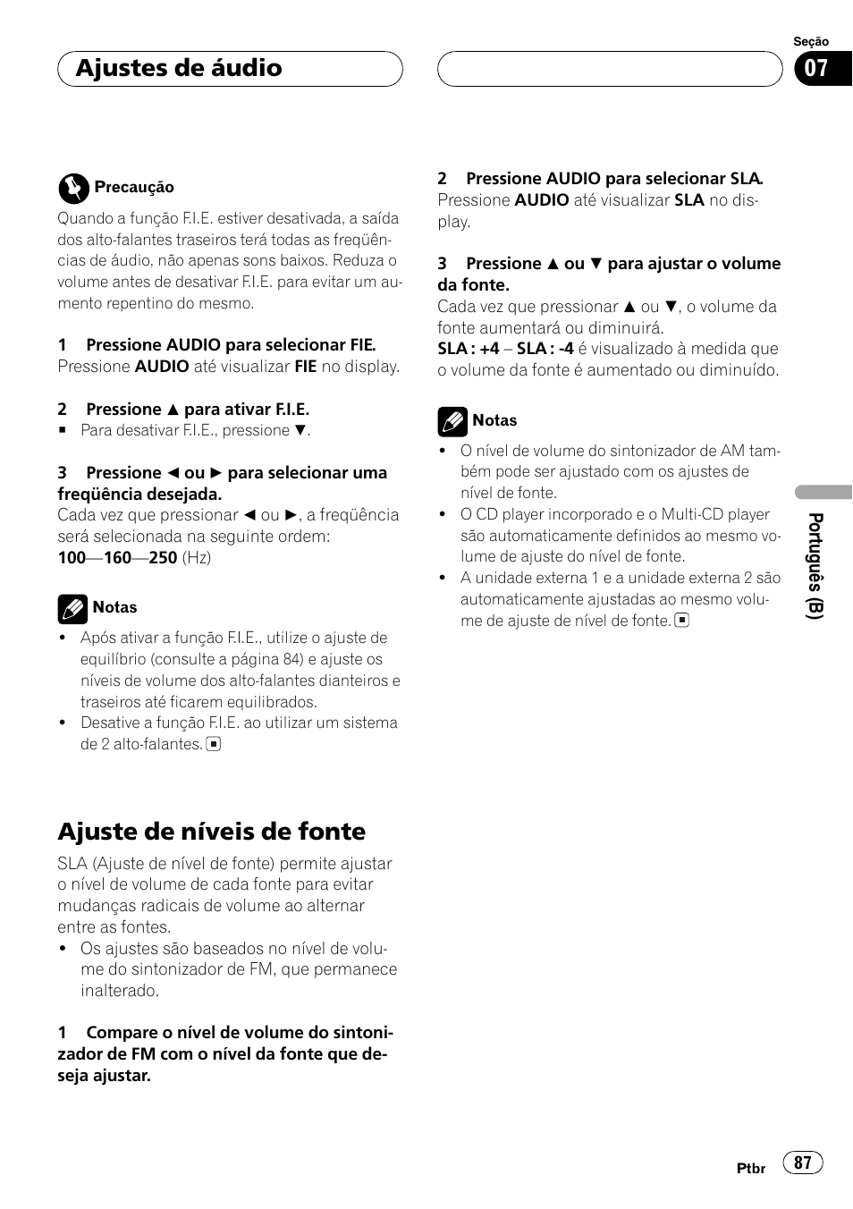 Ajuste de níveis de fonte 87, Ajuste de níveis de fonte, Ajustes de áudio | Pioneer SUPERTUNER III D DEH-P2650 User Manual | Page 87 / 94