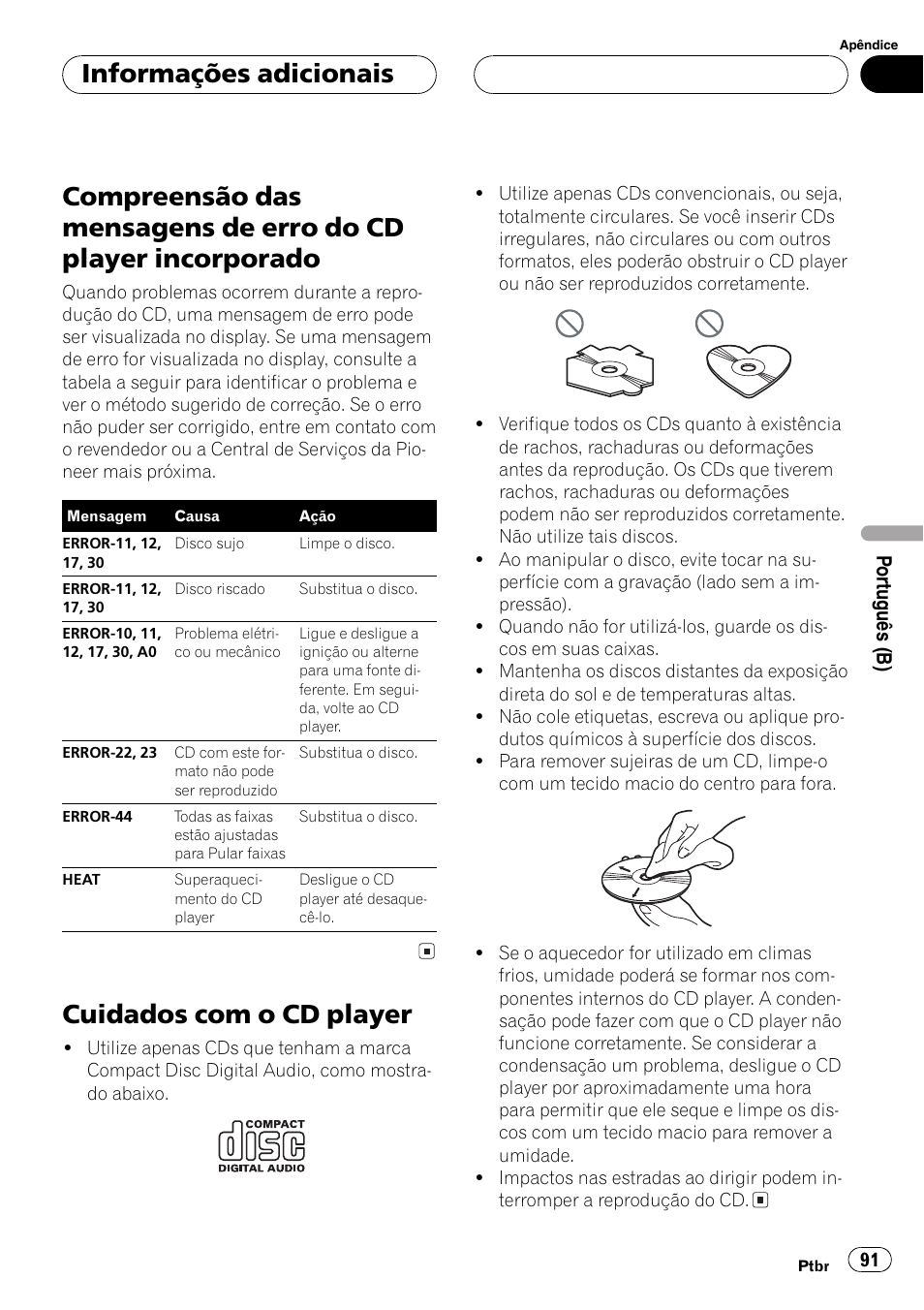 Informações adicionais, Compreensão das mensagens de erro do cd, Player incorporado 91 | Cuidados com o cd player 91, Cuidados com o cd player | Pioneer SUPERTUNER III D DEH-P2650 User Manual | Page 91 / 94