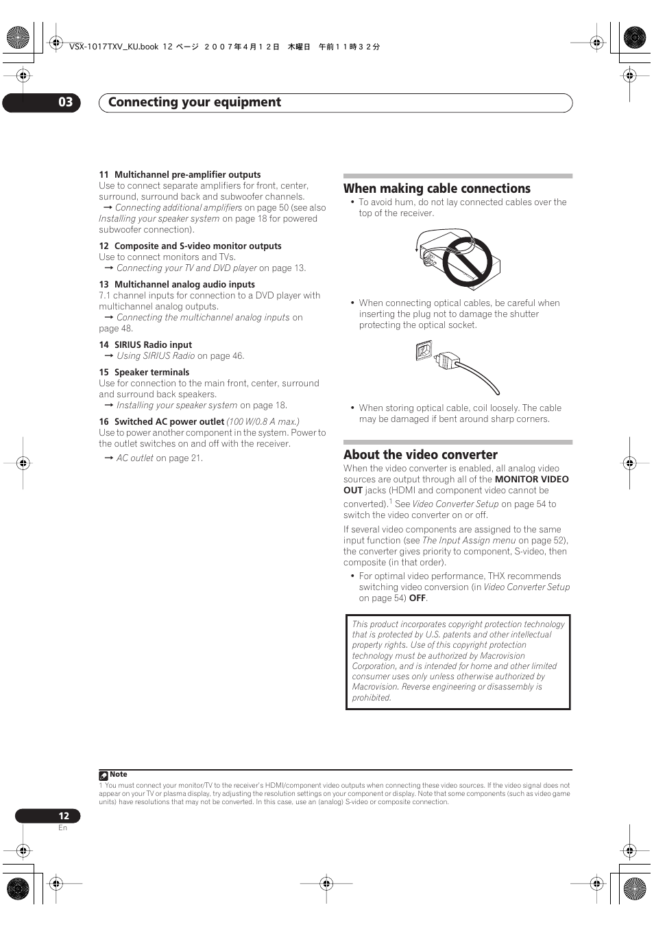 Connecting your equipment 03, When making cable connections, About the video converter | Pioneer VSX1017TXV User Manual | Page 12 / 74