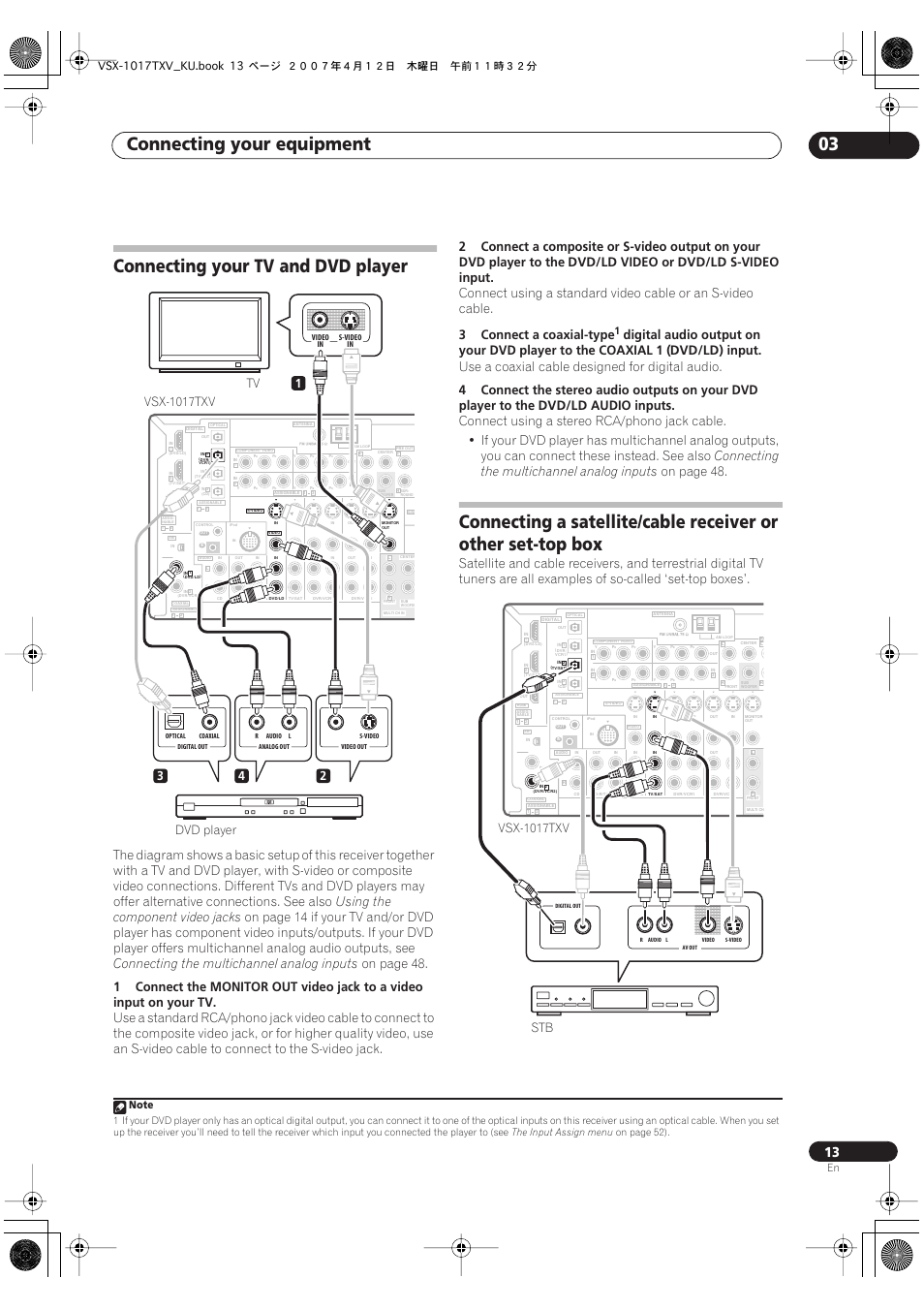 Connecting your equipment 03, Connecting your tv and dvd player, Using the component video jacks | Connecting the multichannel analog inputs, On page 48, Dvd/ld, Video or, S-video input, 3connect a coaxial-type, Input | Pioneer VSX1017TXV User Manual | Page 13 / 74
