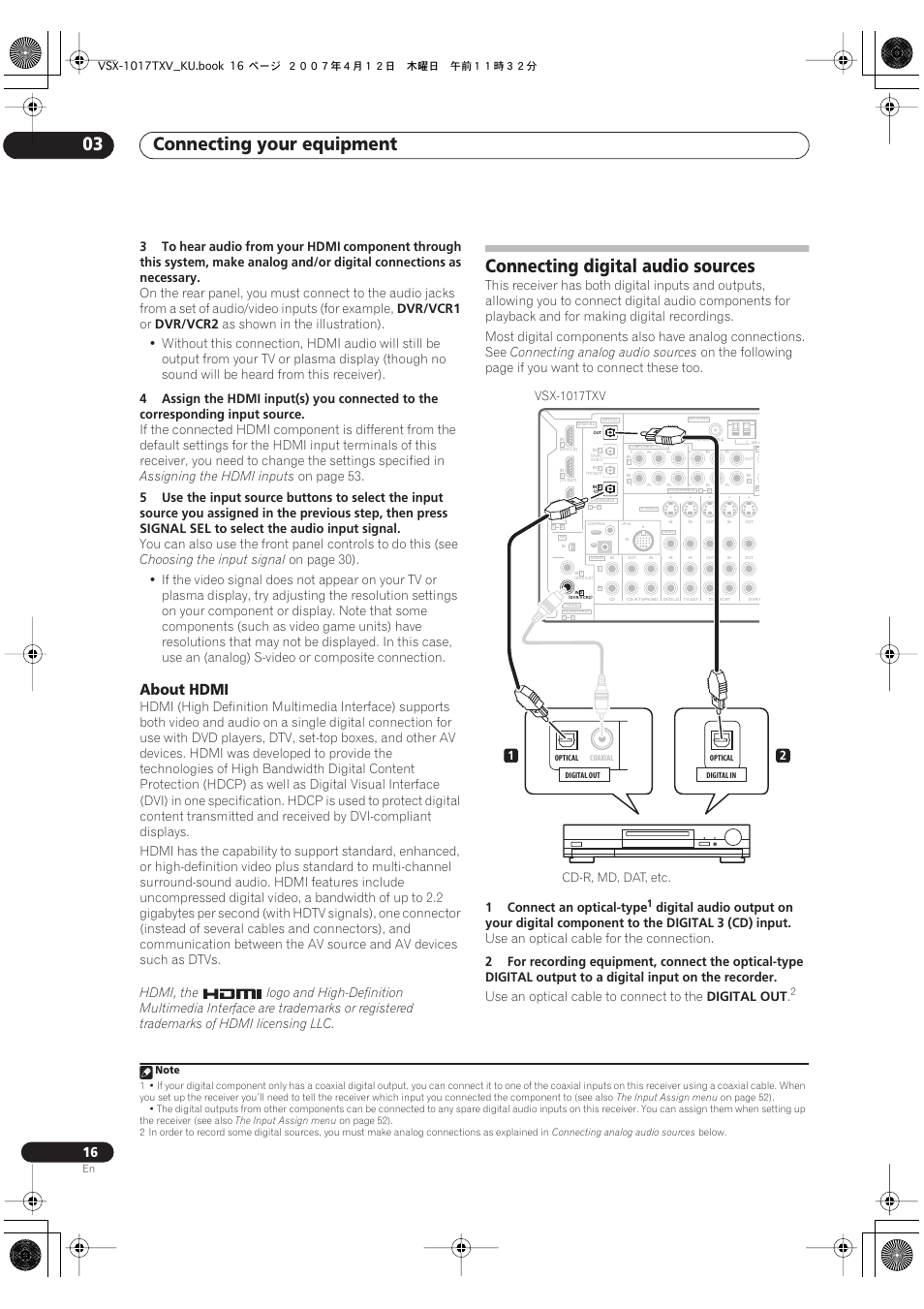 About hdmi, Connecting digital audio sources, Connecting your equipment 03 | Dvr/vcr1, Dvr/vcr2, Assigning the hdmi inputs, On page 53, Signal sel, Choosing the input signal, Connecting analog audio sources | Pioneer VSX1017TXV User Manual | Page 16 / 74