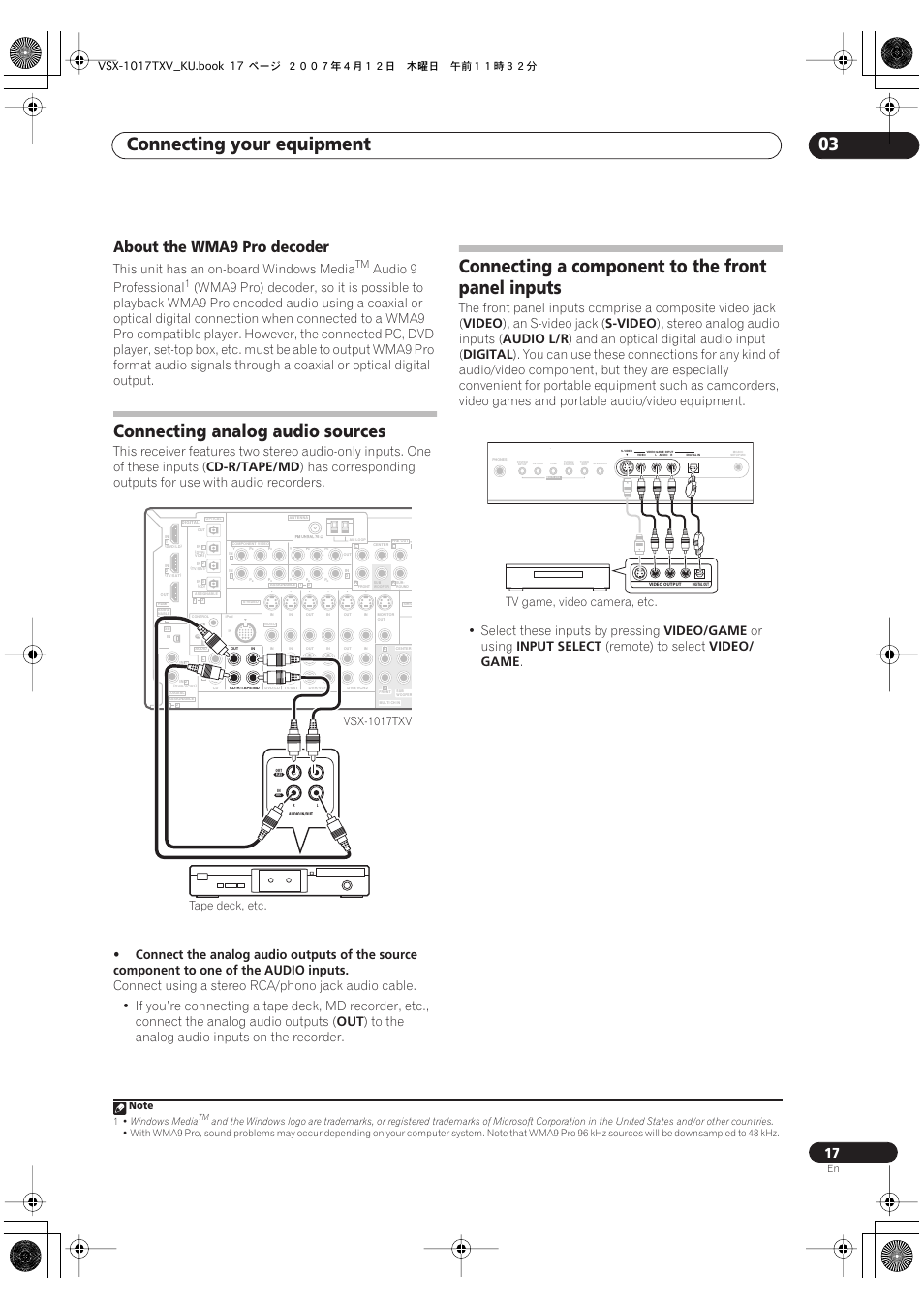 About the wma9 pro decoder, Connecting your equipment 03, Connecting analog audio sources | Connecting a component to the front panel inputs, This unit has an on-board windows media, Audio 9 professional, Cd-r/tape/md, Video, An s-video jack, S-video | Pioneer VSX1017TXV User Manual | Page 17 / 74