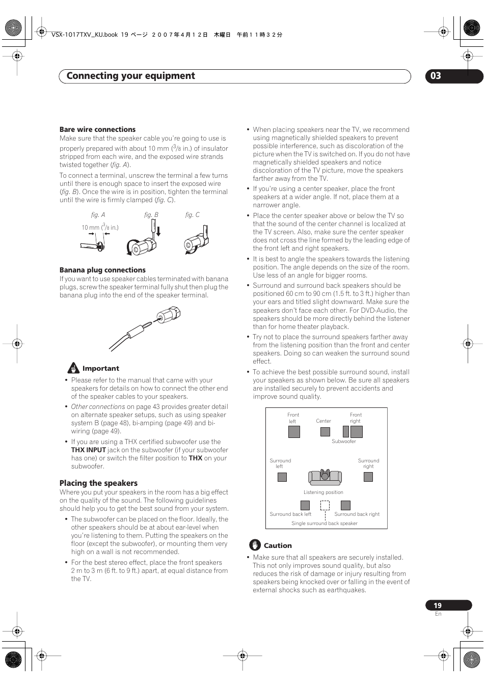 Placing the speakers, Connecting your equipment 03 | Pioneer VSX1017TXV User Manual | Page 19 / 74