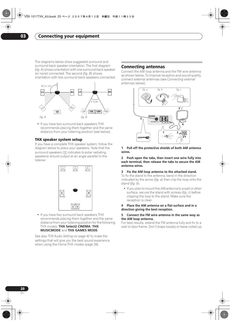 Thx speaker system setup, Connecting antennas, Connecting your equipment 03 | Pioneer VSX1017TXV User Manual | Page 20 / 74