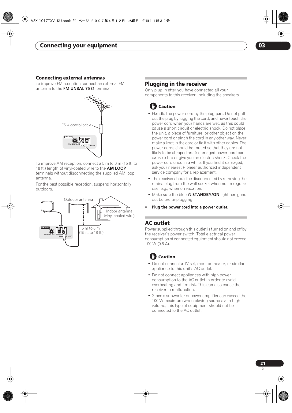 Connecting external antennas, Plugging in the receiver ac outlet, Connecting your equipment 03 | Plugging in the receiver, Ac outlet | Pioneer VSX1017TXV User Manual | Page 21 / 74