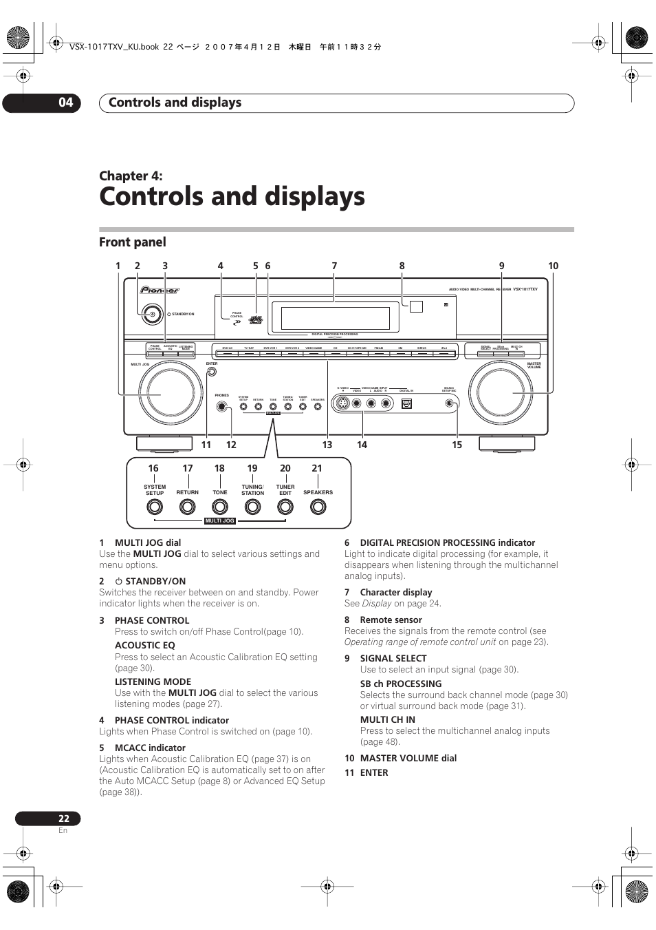 04 controls and displays, Front panel, Controls and displays | Controls and displays 04, Chapter 4 | Pioneer VSX1017TXV User Manual | Page 22 / 74