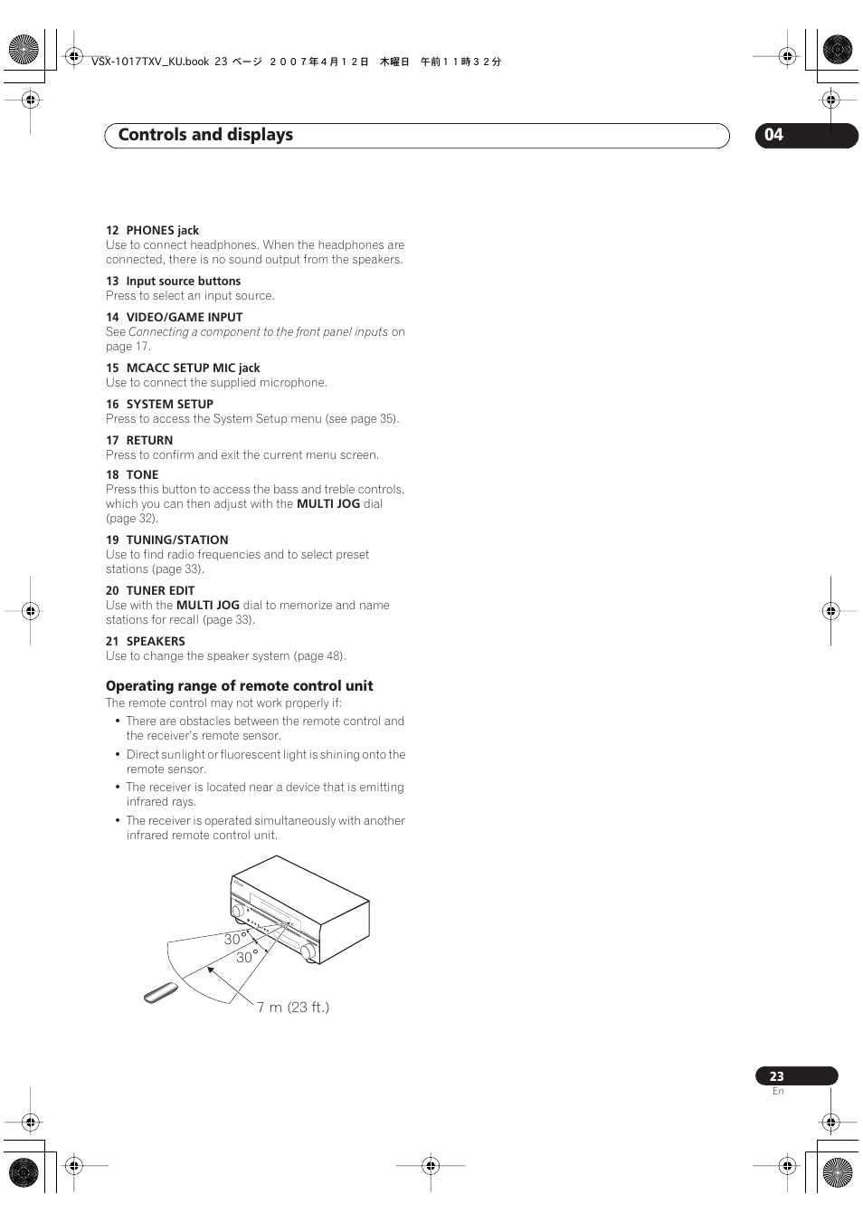 Operating range of remote control unit, Controls and displays 04 | Pioneer VSX1017TXV User Manual | Page 23 / 74