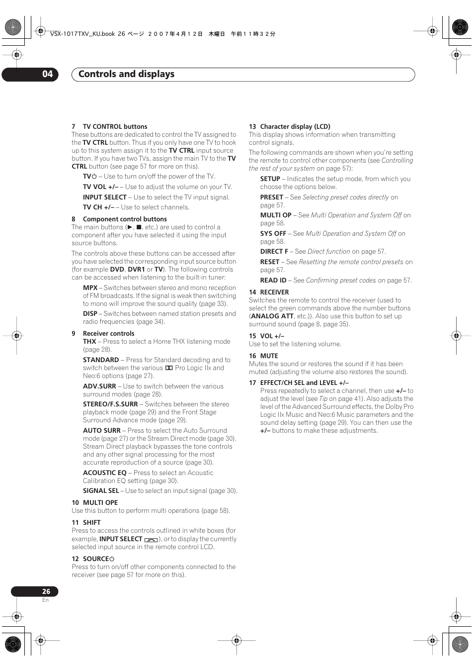 Controls and displays 04 | Pioneer VSX1017TXV User Manual | Page 26 / 74
