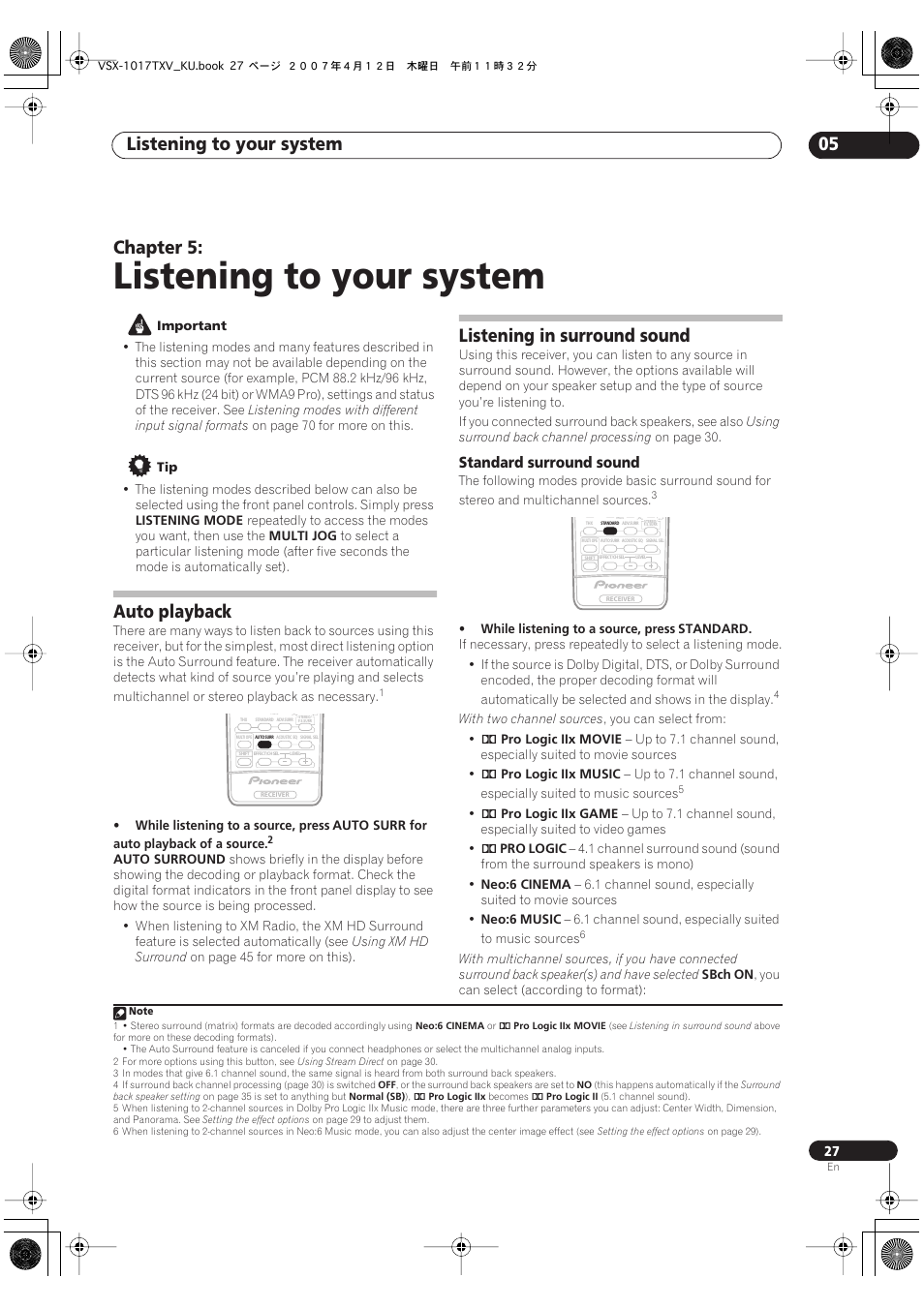 05 listening to your system, Auto playback listening in surround sound, Standard surround sound | Listening to your system, Listening to your system 05, Chapter 5, Auto playback, Listening in surround sound | Pioneer VSX1017TXV User Manual | Page 27 / 74