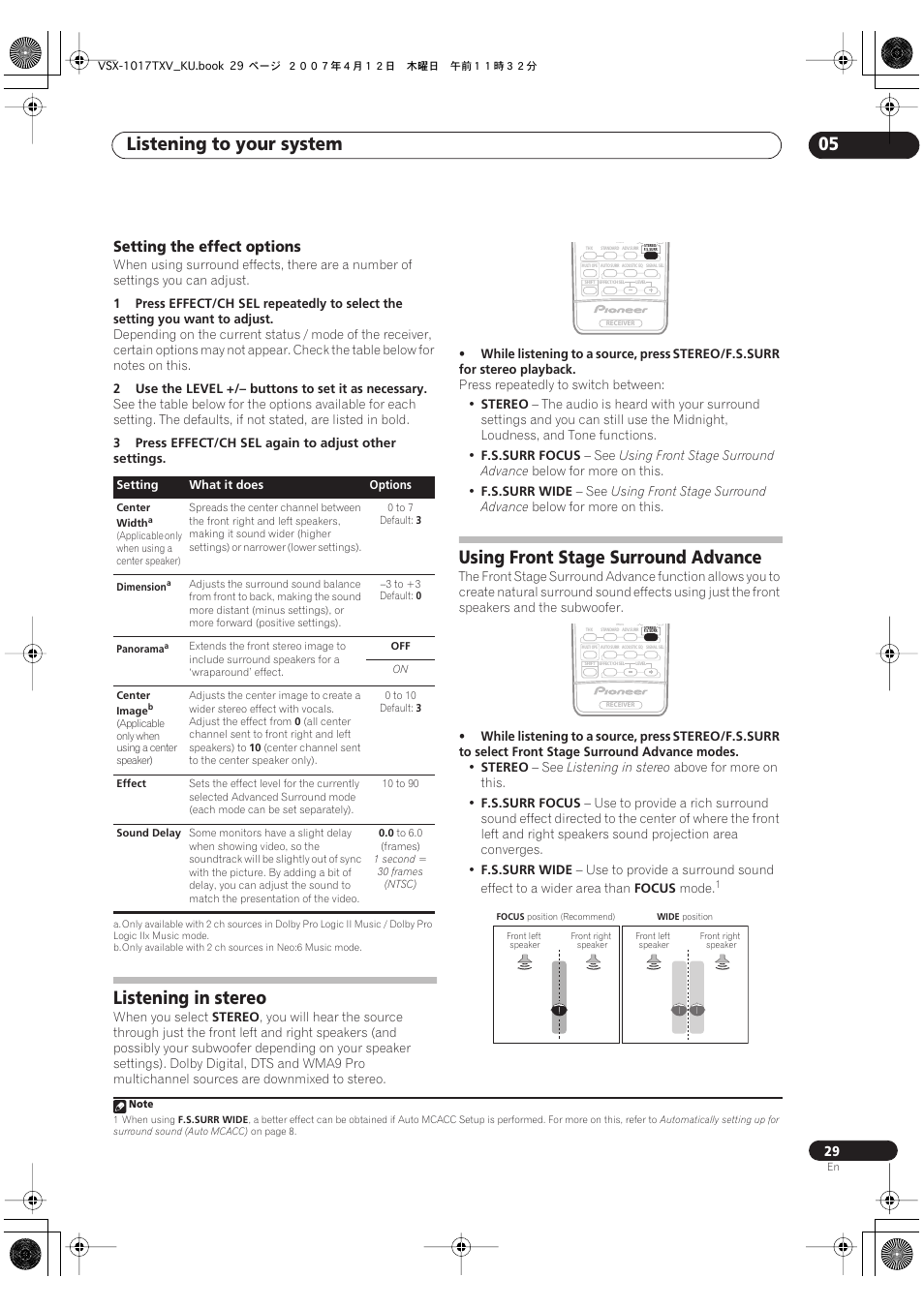 Setting the effect options, Listening to your system 05, Listening in stereo | Using front stage surround advance | Pioneer VSX1017TXV User Manual | Page 29 / 74