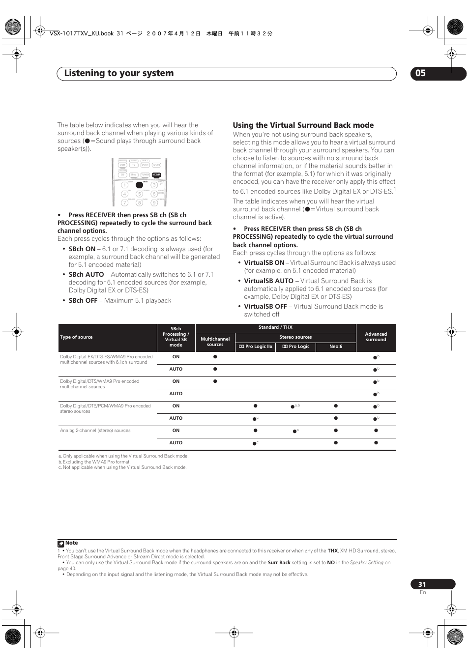 Using the virtual surround back mode, Listening to your system 05 | Pioneer VSX1017TXV User Manual | Page 31 / 74