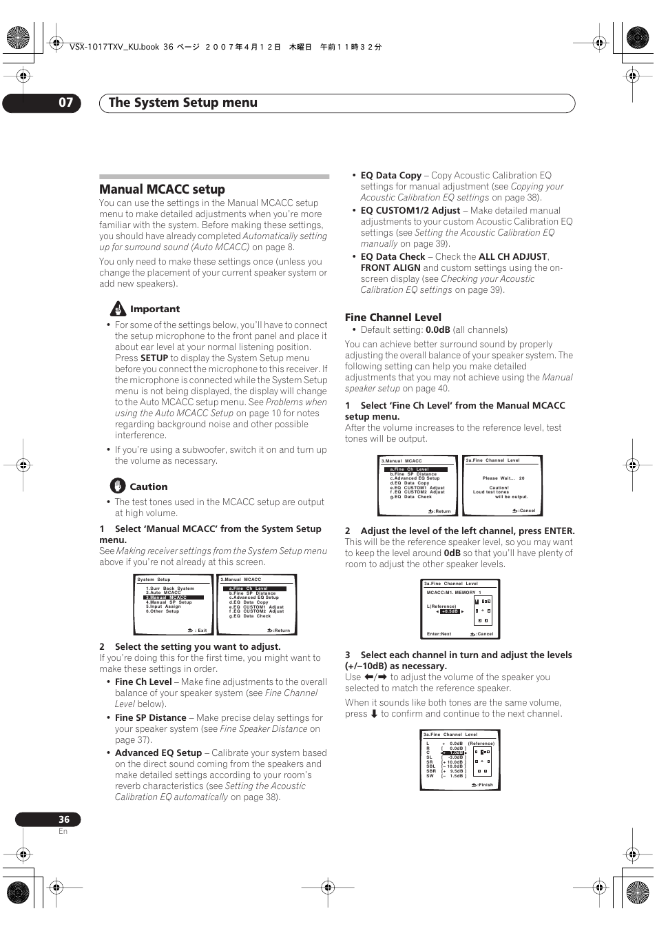 Manual mcacc setup, Fine channel level, The system setup menu 07 | Pioneer VSX1017TXV User Manual | Page 36 / 74