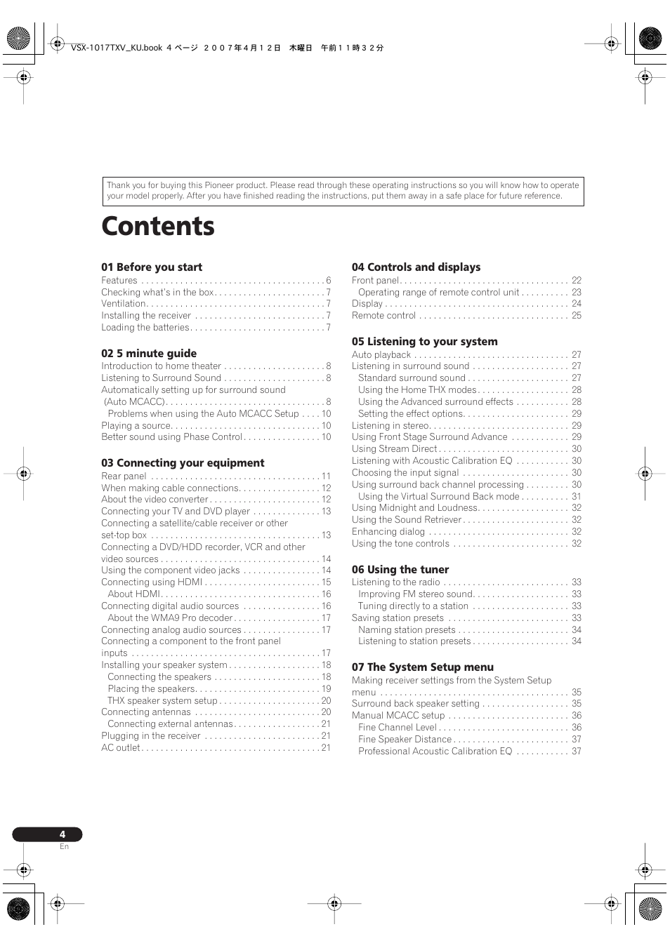 Pioneer VSX1017TXV User Manual | Page 4 / 74