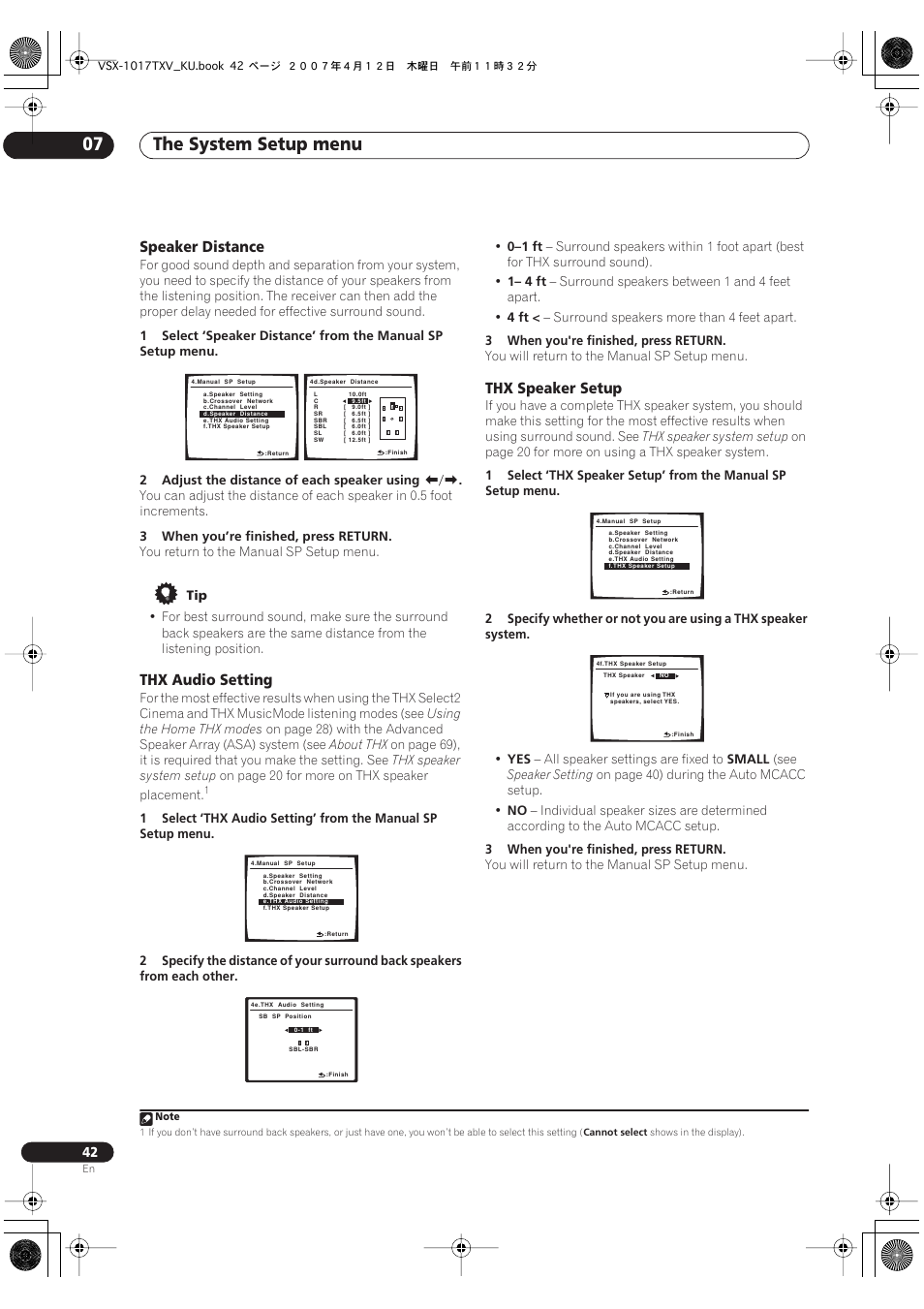 The system setup menu 07, Speaker distance, Thx audio setting | Thx speaker setup | Pioneer VSX1017TXV User Manual | Page 42 / 74