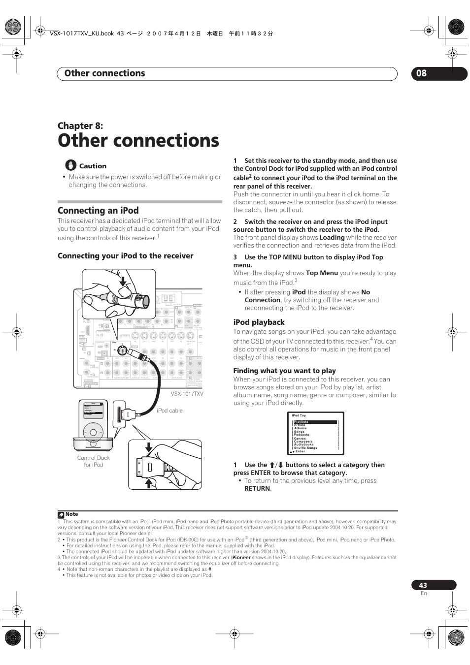 08 other connections, Connecting an ipod, Connecting your ipod to the receiver ipod playback | Other connections, Other connections 08, Chapter 8, Connecting your ipod to the receiver, Ipod playback, Finding what you want to play, Caution | Pioneer VSX1017TXV User Manual | Page 43 / 74