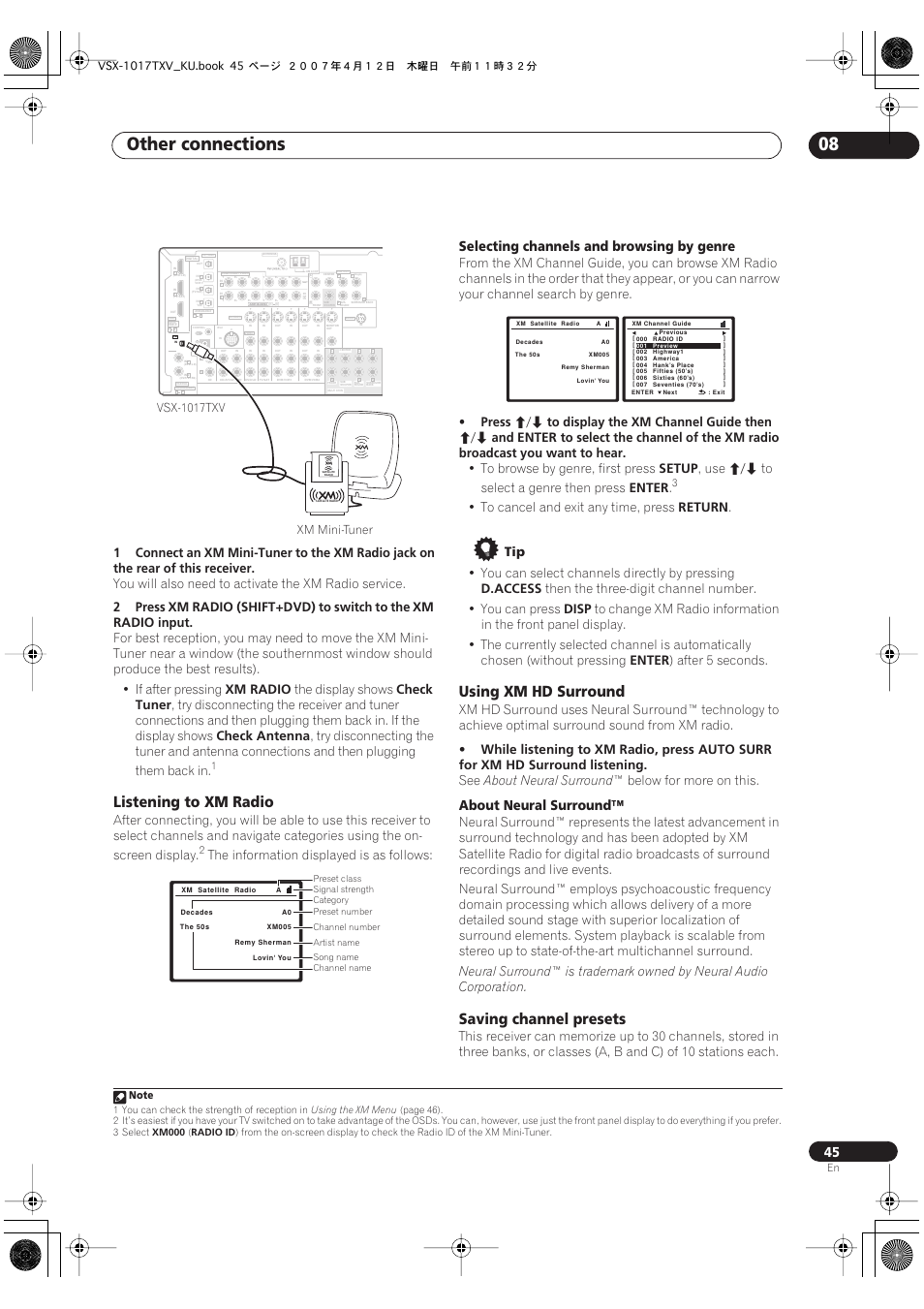 Other connections 08, Listening to xm radio, Using xm hd surround | Saving channel presets, Selecting channels and browsing by genre, 2press, Xm radio (shift+dvd), Xm radio, Input, The display shows | Pioneer VSX1017TXV User Manual | Page 45 / 74