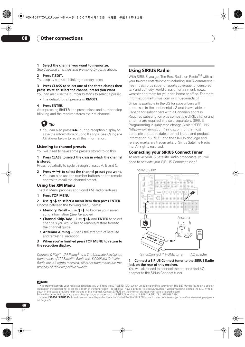 Using the xm menu, Using sirius radio, Connecting your sirius connect tuner | Other connections 08, Listening to channel presets, Selecting channels and browsing by genre, Above, 2press, T.edit, 3press | Pioneer VSX1017TXV User Manual | Page 46 / 74