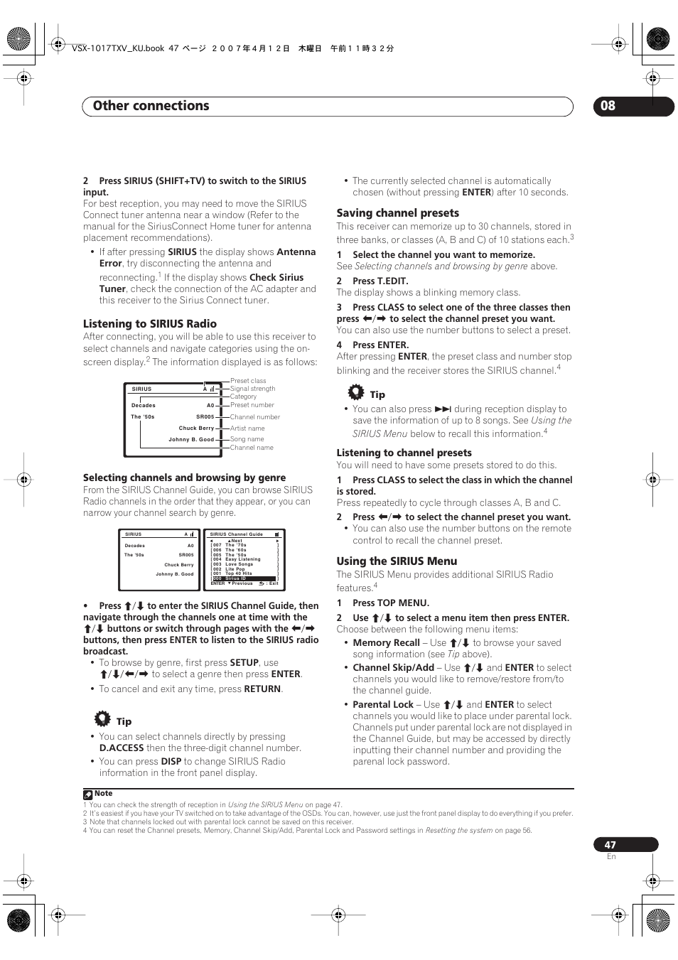 Other connections 08, Listening to sirius radio, Saving channel presets | Using the sirius menu | Pioneer VSX1017TXV User Manual | Page 47 / 74