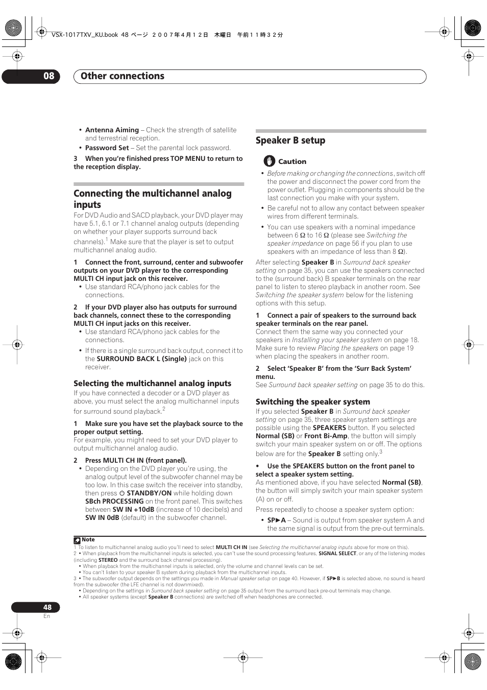 Connecting the multichannel analog inputs, Selecting the multichannel analog inputs, Speaker b setup | Switching the speaker system, Other connections 08 | Pioneer VSX1017TXV User Manual | Page 48 / 74