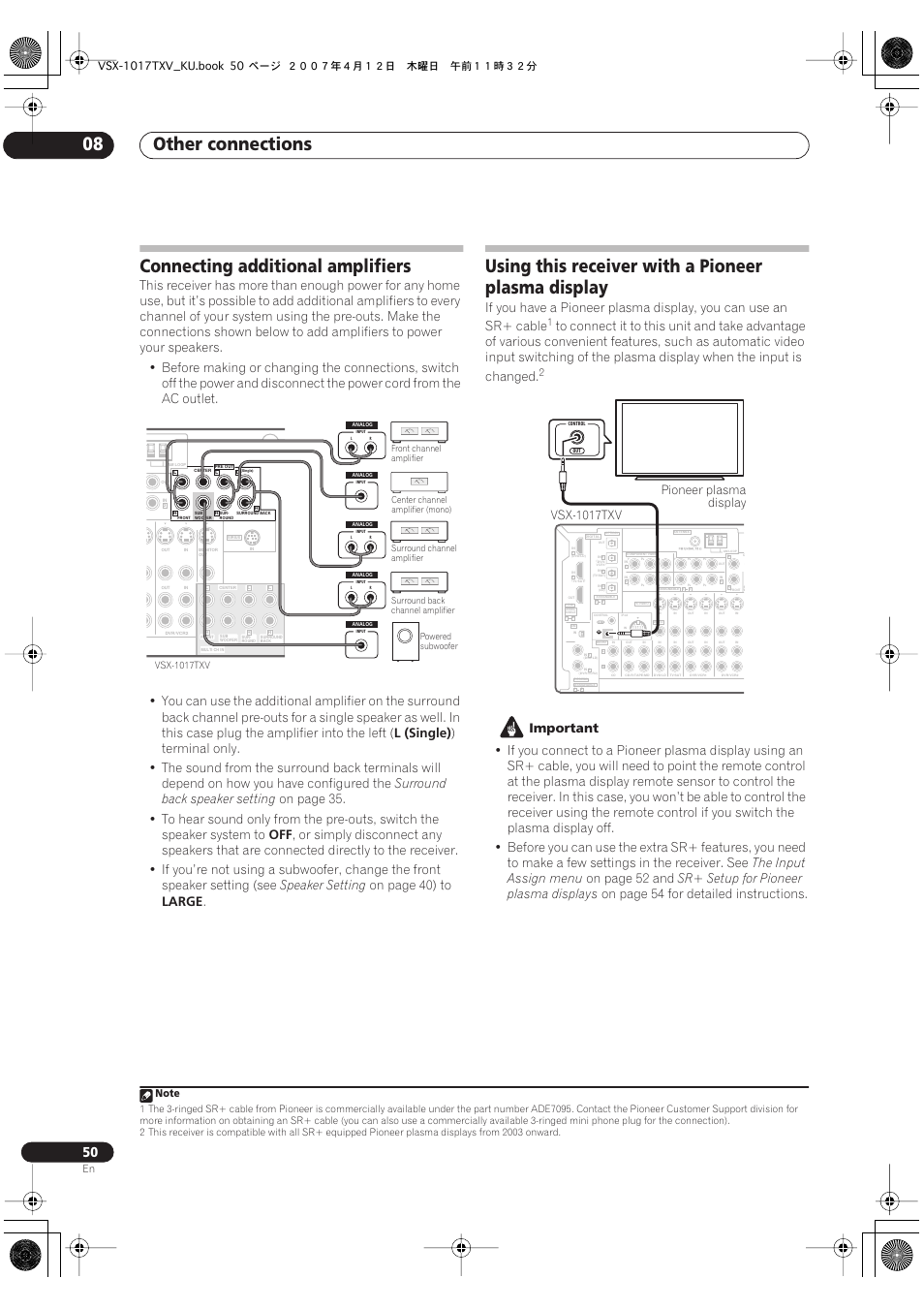 Other connections 08, Connecting additional amplifiers, Using this receiver with a pioneer plasma display | L (single), Surround back speaker setting, Speaker setting, On page 40) to, Large, Important, The input assign menu | Pioneer VSX1017TXV User Manual | Page 50 / 74