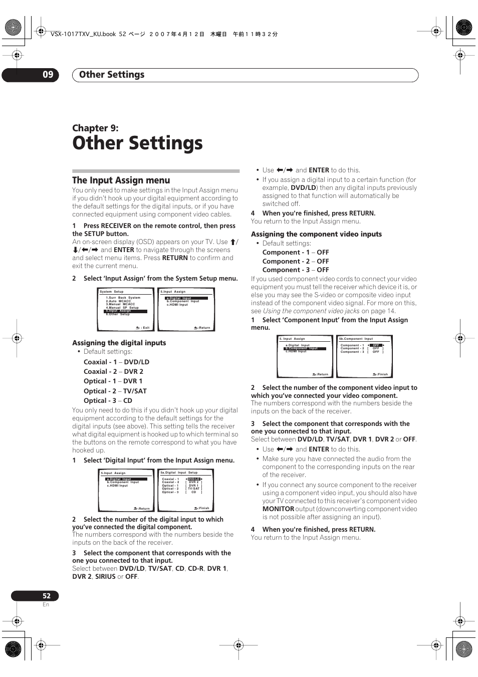09 other settings, The input assign menu, Other settings | Other settings 09, Chapter 9 | Pioneer VSX1017TXV User Manual | Page 52 / 74