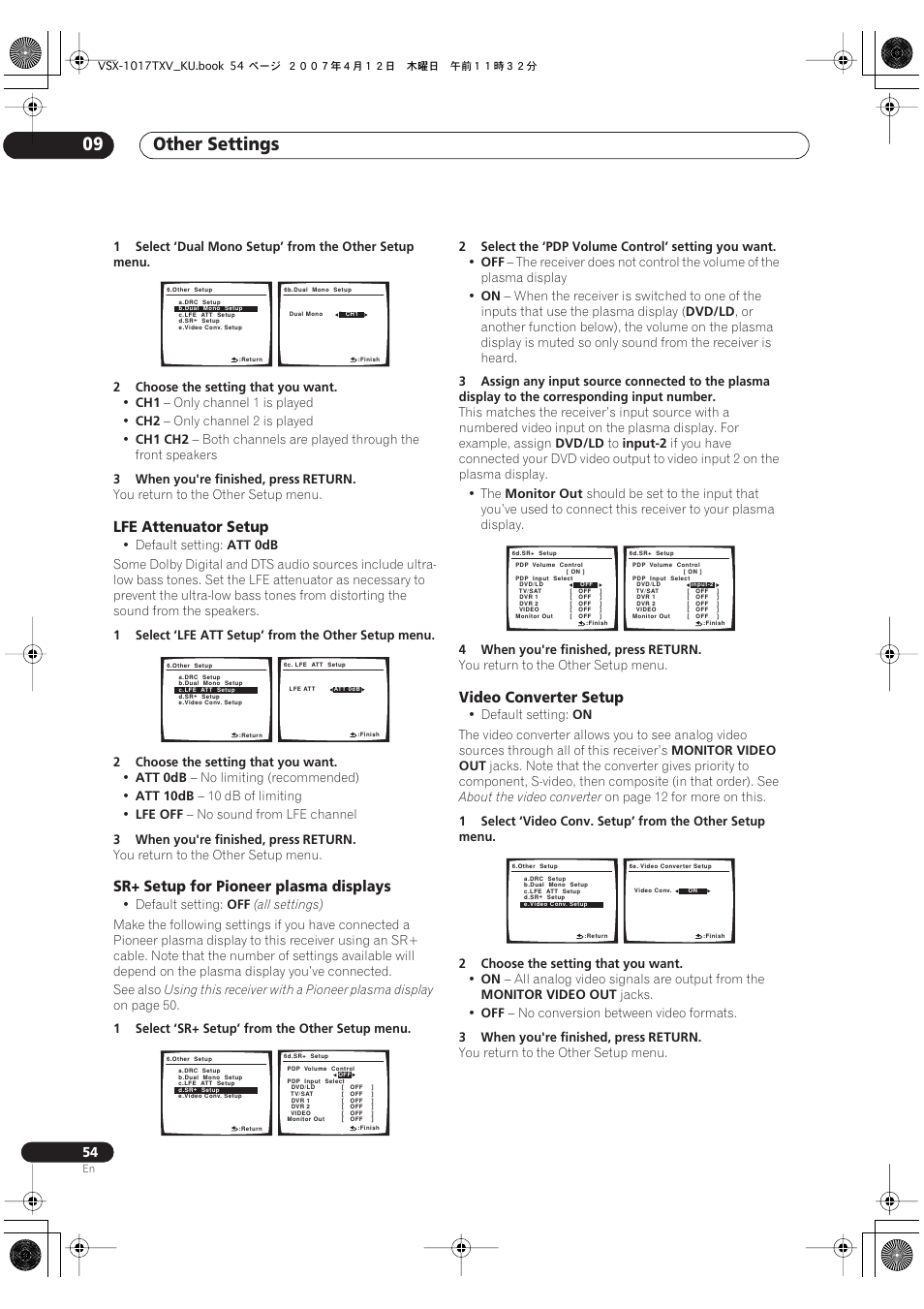 Other settings 09, Lfe attenuator setup, Sr+ setup for pioneer plasma displays | Video converter setup | Pioneer VSX1017TXV User Manual | Page 54 / 74