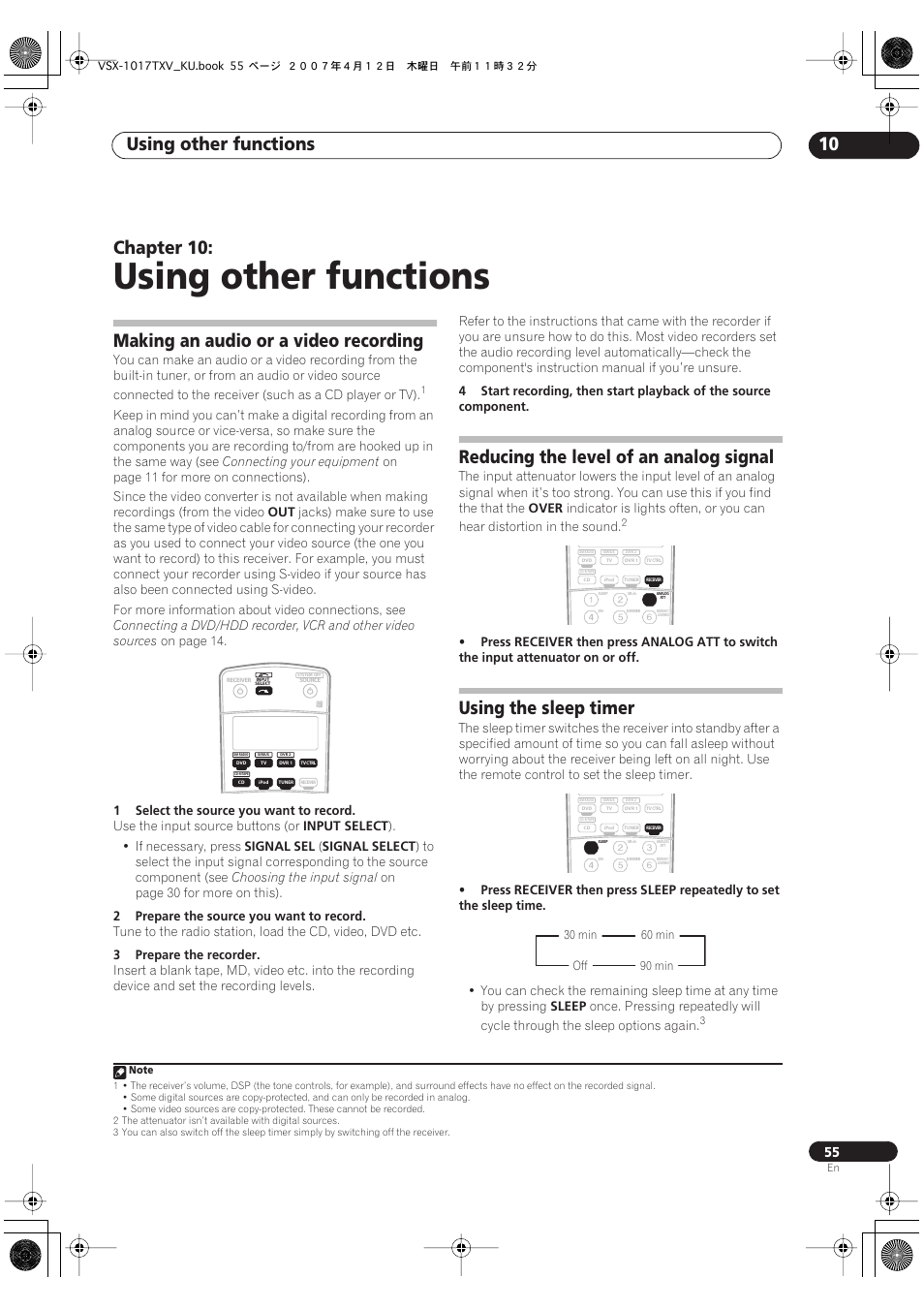 10 using other functions, Using other functions, Using other functions 10 | Chapter 10, Making an audio or a video recording, Reducing the level of an analog signal, Using the sleep timer | Pioneer VSX1017TXV User Manual | Page 55 / 74
