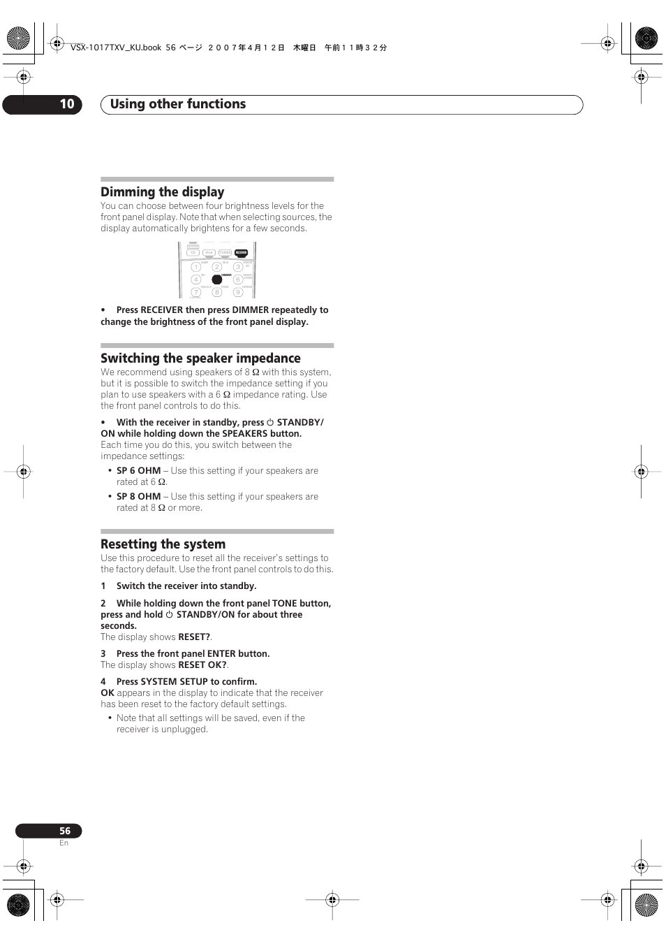 Using other functions 10, Dimming the display, Switching the speaker impedance | Resetting the system | Pioneer VSX1017TXV User Manual | Page 56 / 74