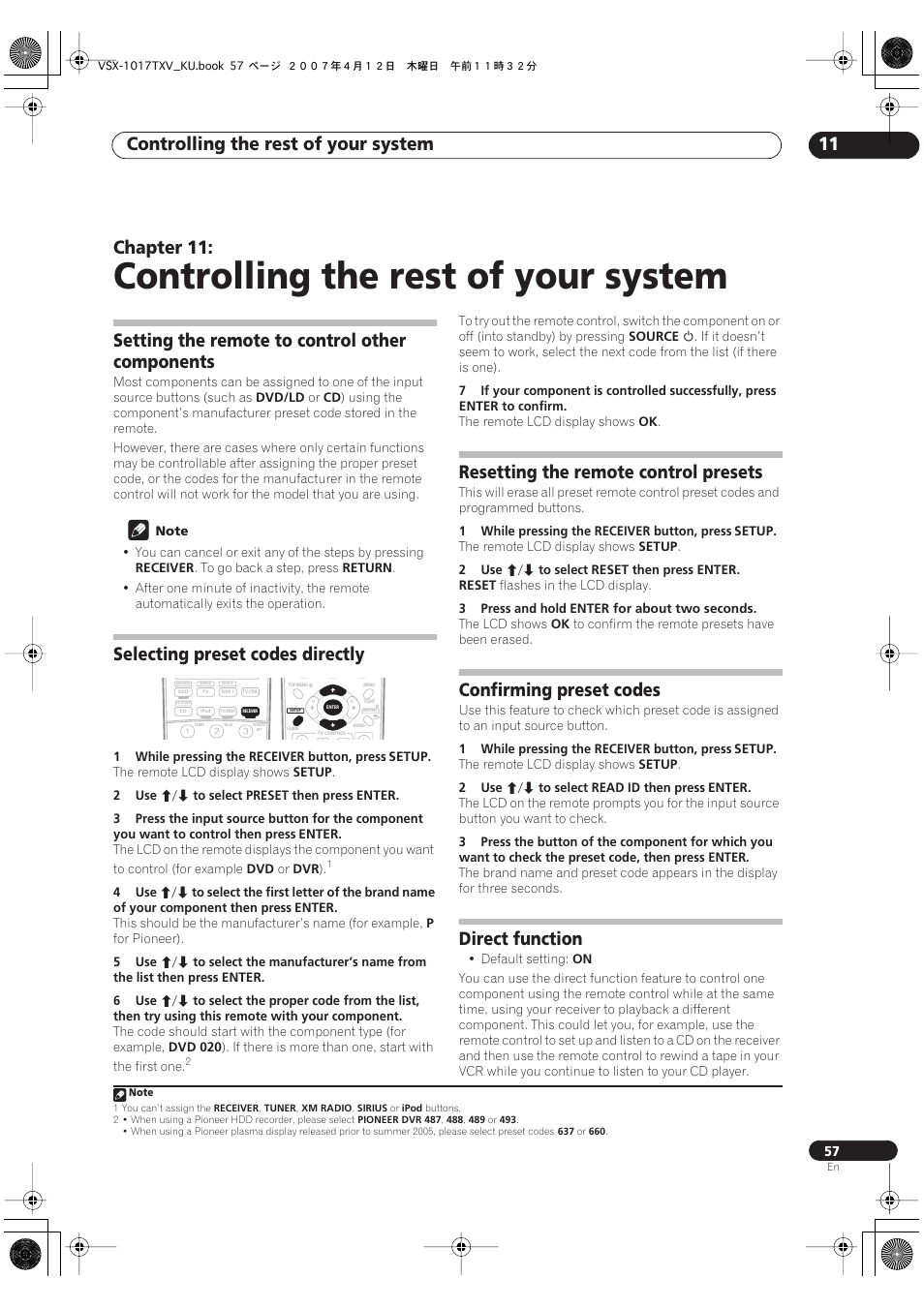 11 controlling the rest of your system, Controlling the rest of your system, Controlling the rest of your system 11 | Chapter 11, Setting the remote to control other components, Selecting preset codes directly, Resetting the remote control presets, Confirming preset codes, Direct function | Pioneer VSX1017TXV User Manual | Page 57 / 74