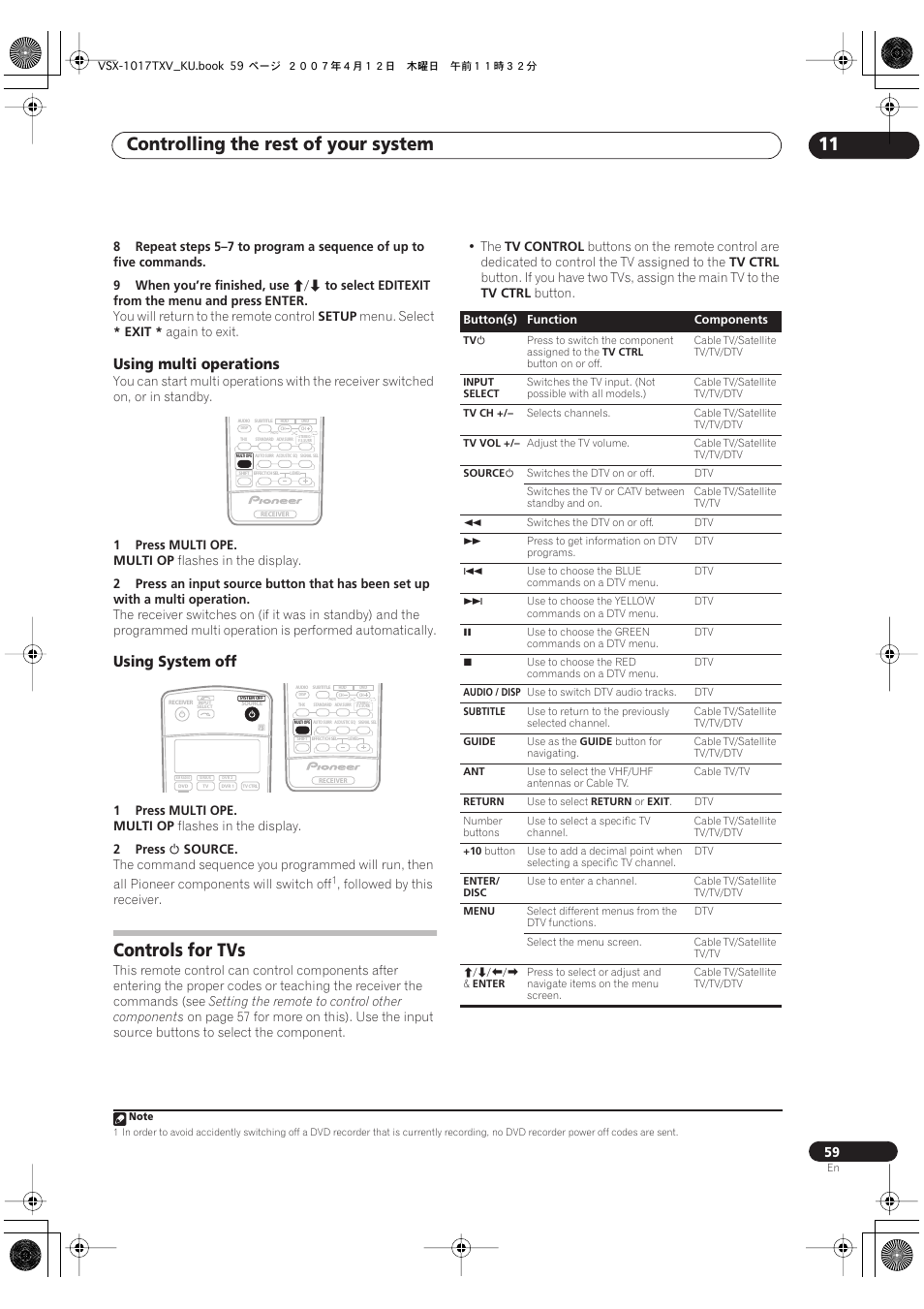 Using multi operations using system off, Controls for tvs, Controlling the rest of your system 11 | Using multi operations, Using system off | Pioneer VSX1017TXV User Manual | Page 59 / 74