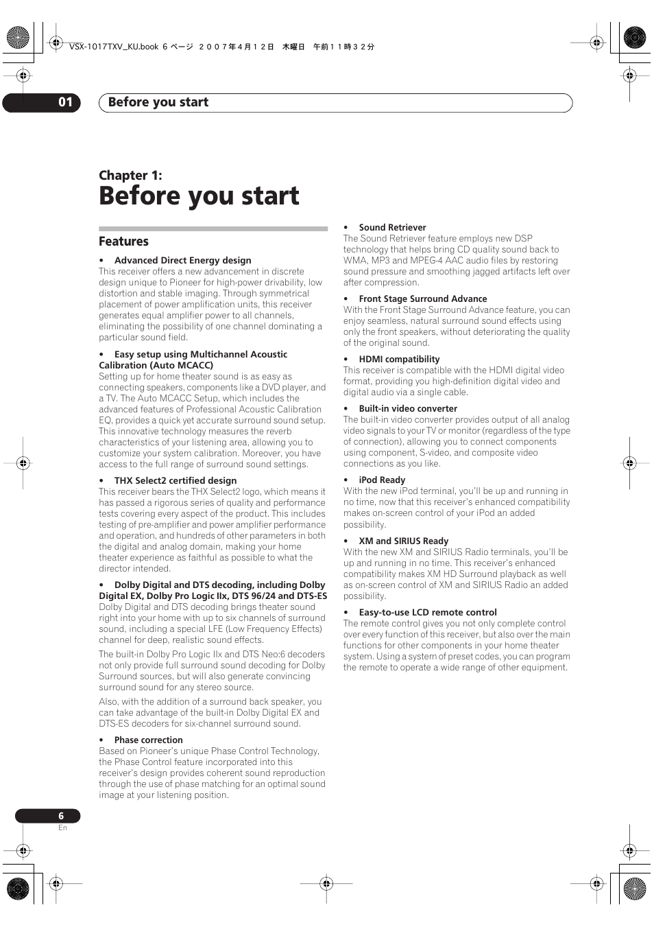 01 before you start, Features, Before you start | Before you start 01, Chapter 1 | Pioneer VSX1017TXV User Manual | Page 6 / 74